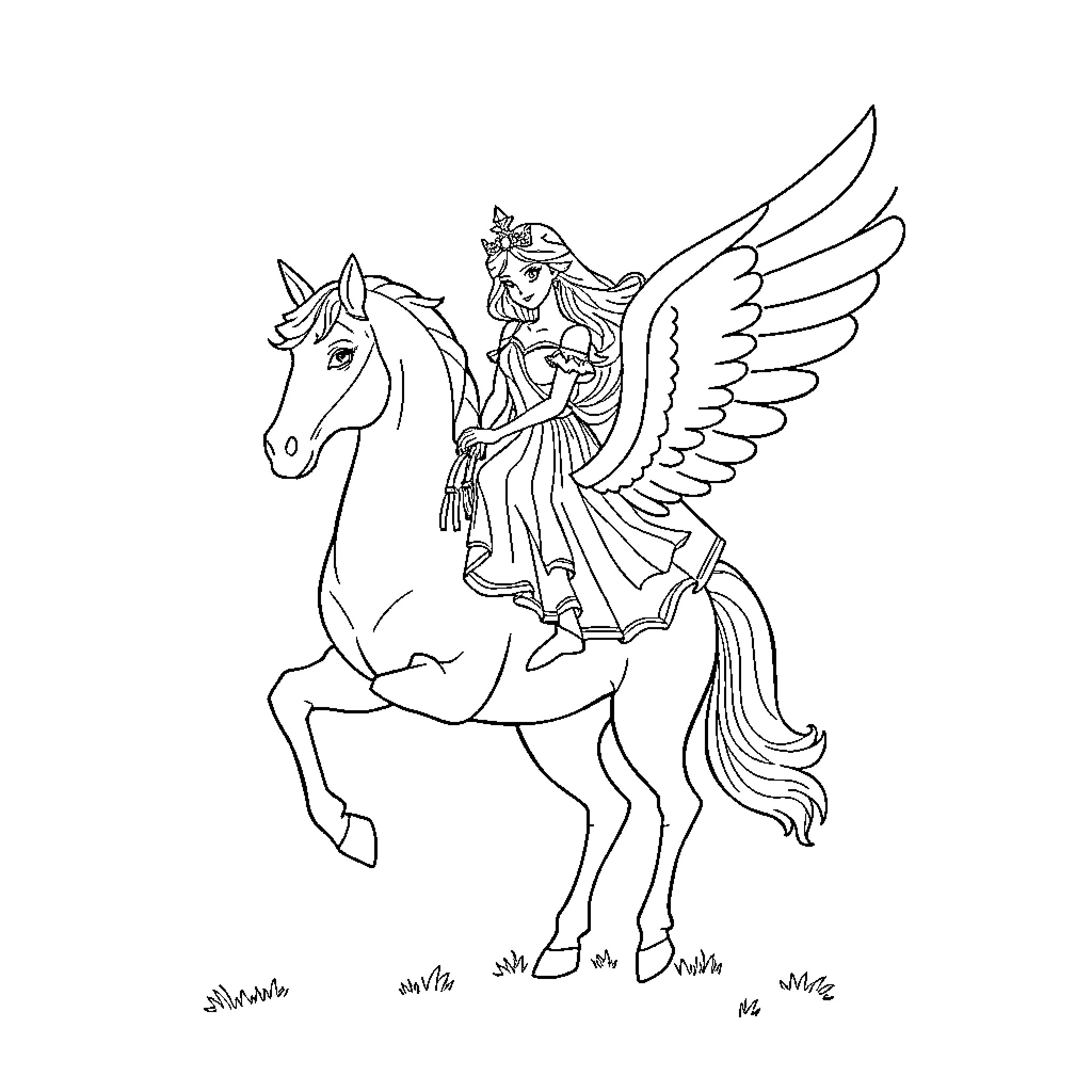 Princess riding a winged horse in a fantasy scene Coloring Page (free black-and-white line drawing printable PDF for all, from beginners to advanced learners, including children, teens, adults, and seniors)