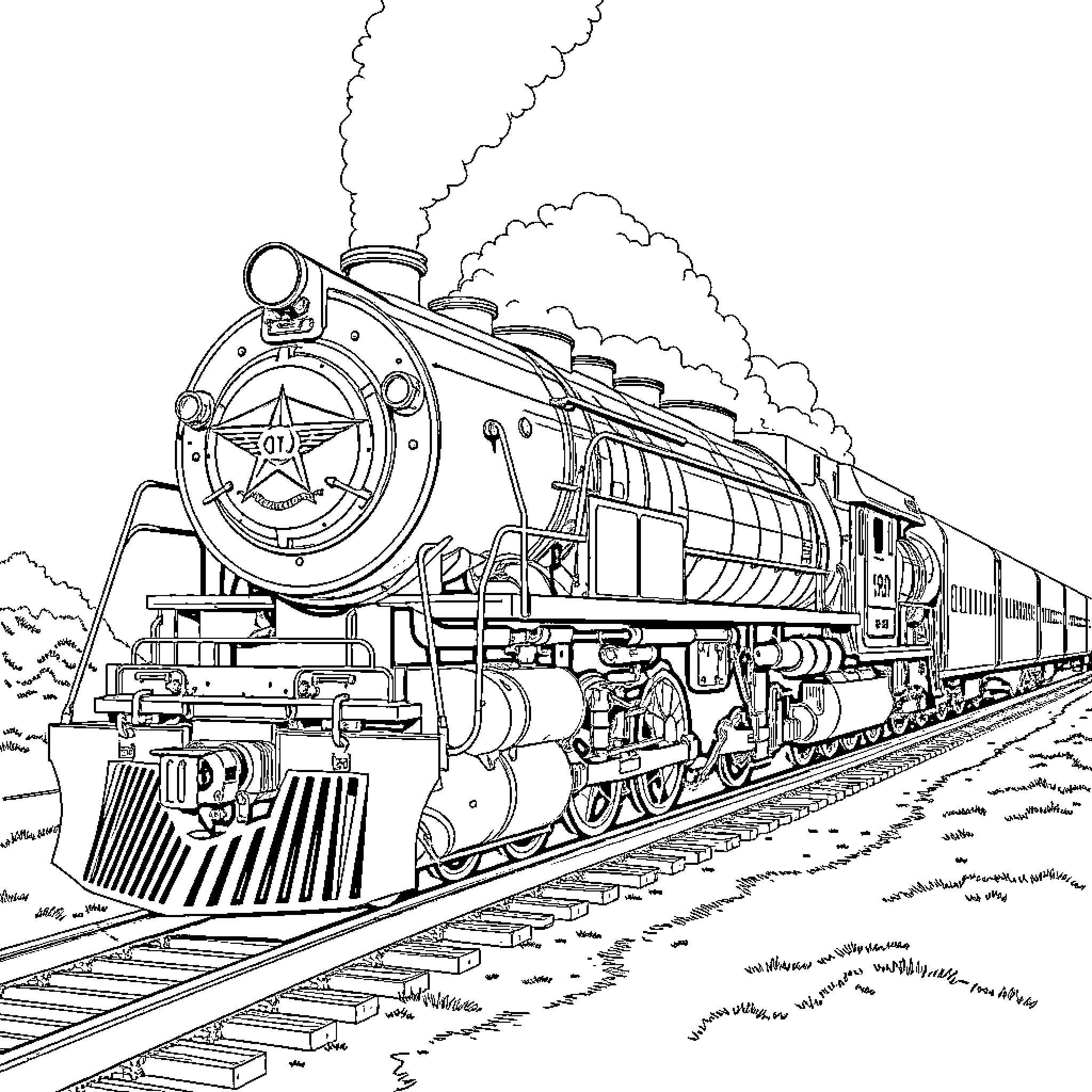 Steam Locomotive Charging through the Countryside Coloring Page (free black-and-white line drawing printable PDF for all, from beginners to advanced learners, including children, teens, adults, and seniors)