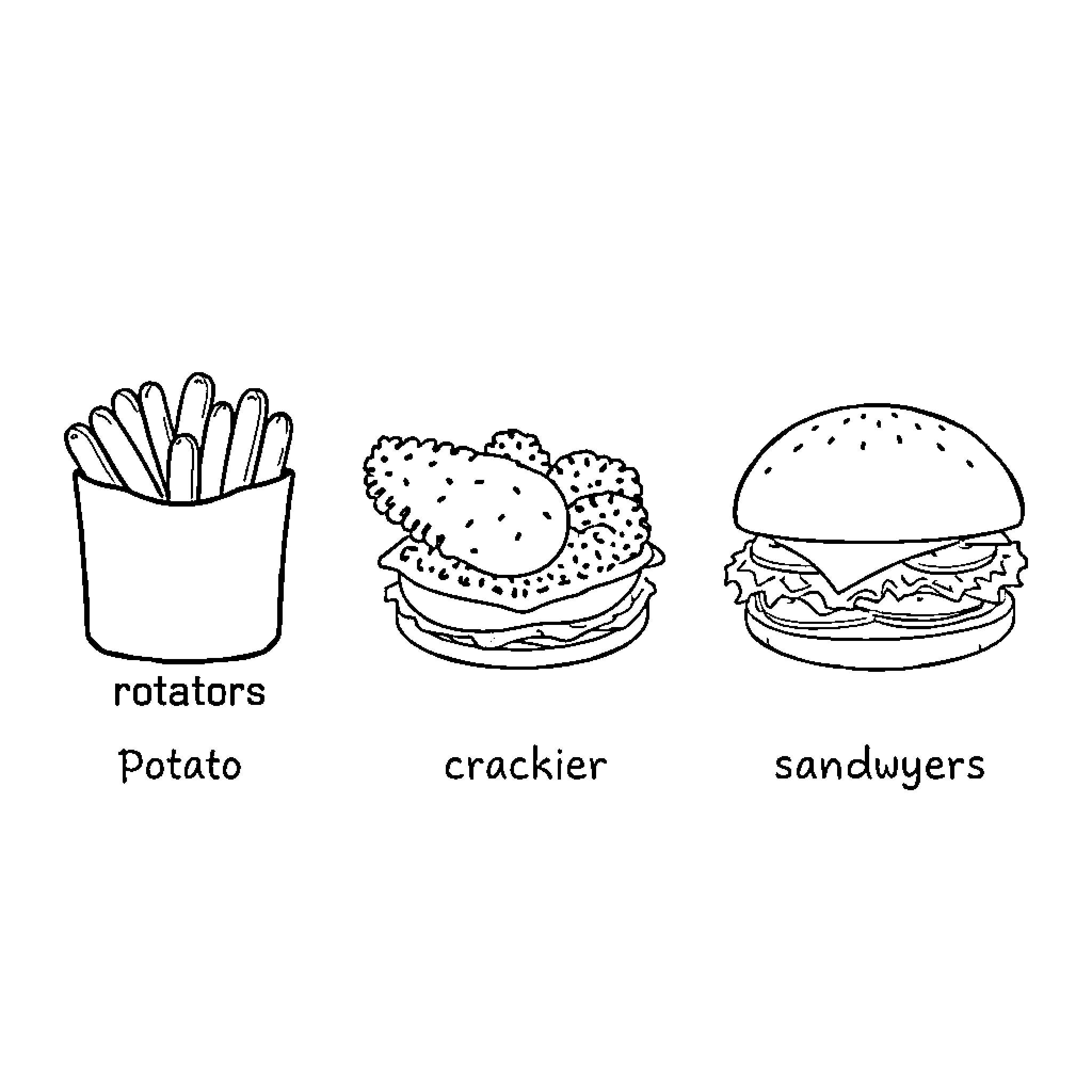 Food items featuring playful illustrations Coloring Page (free black-and-white line drawing printable PDF for all, from beginners to advanced learners, including children, teens, adults, and seniors)