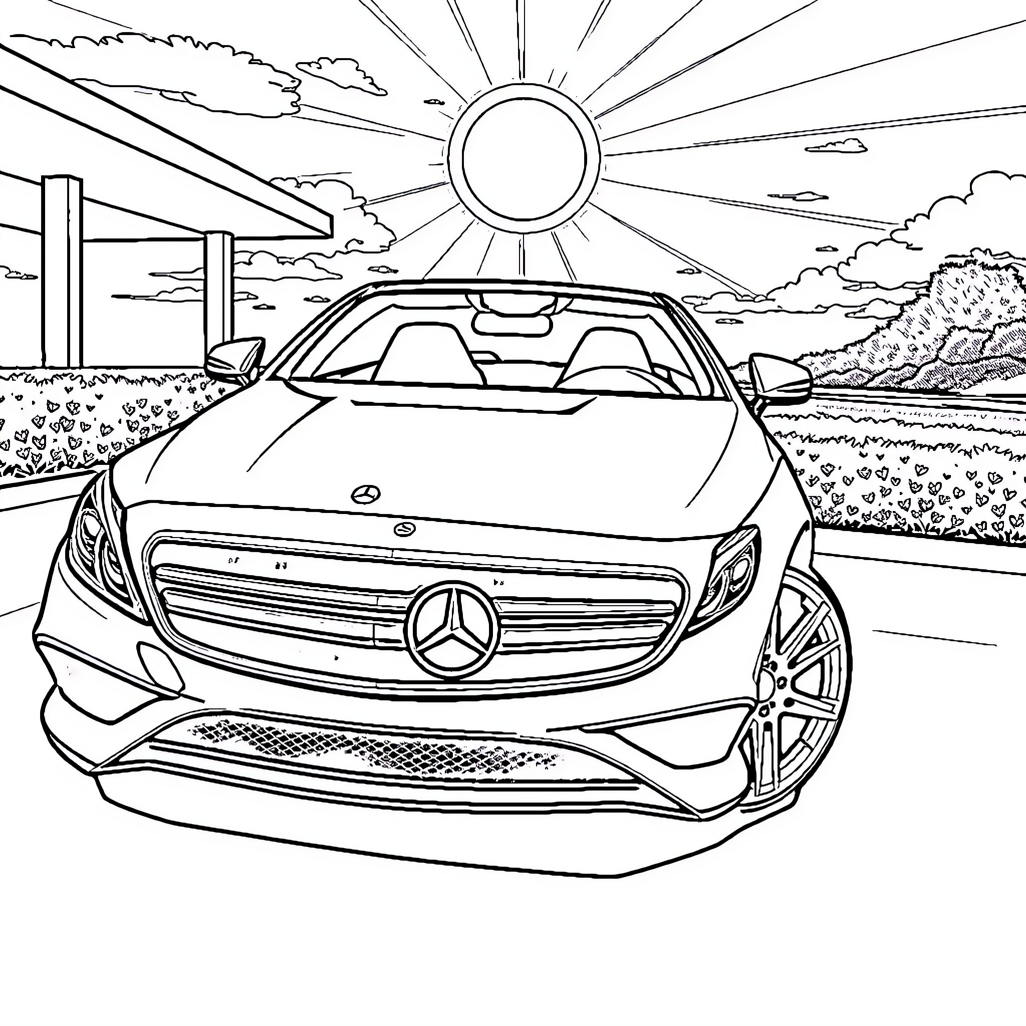 Mercedes sports car in a scenic landscape Coloring Page (free black-and-white line drawing printable PDF for all, from beginners to advanced learners, including children, teens, adults, and seniors)