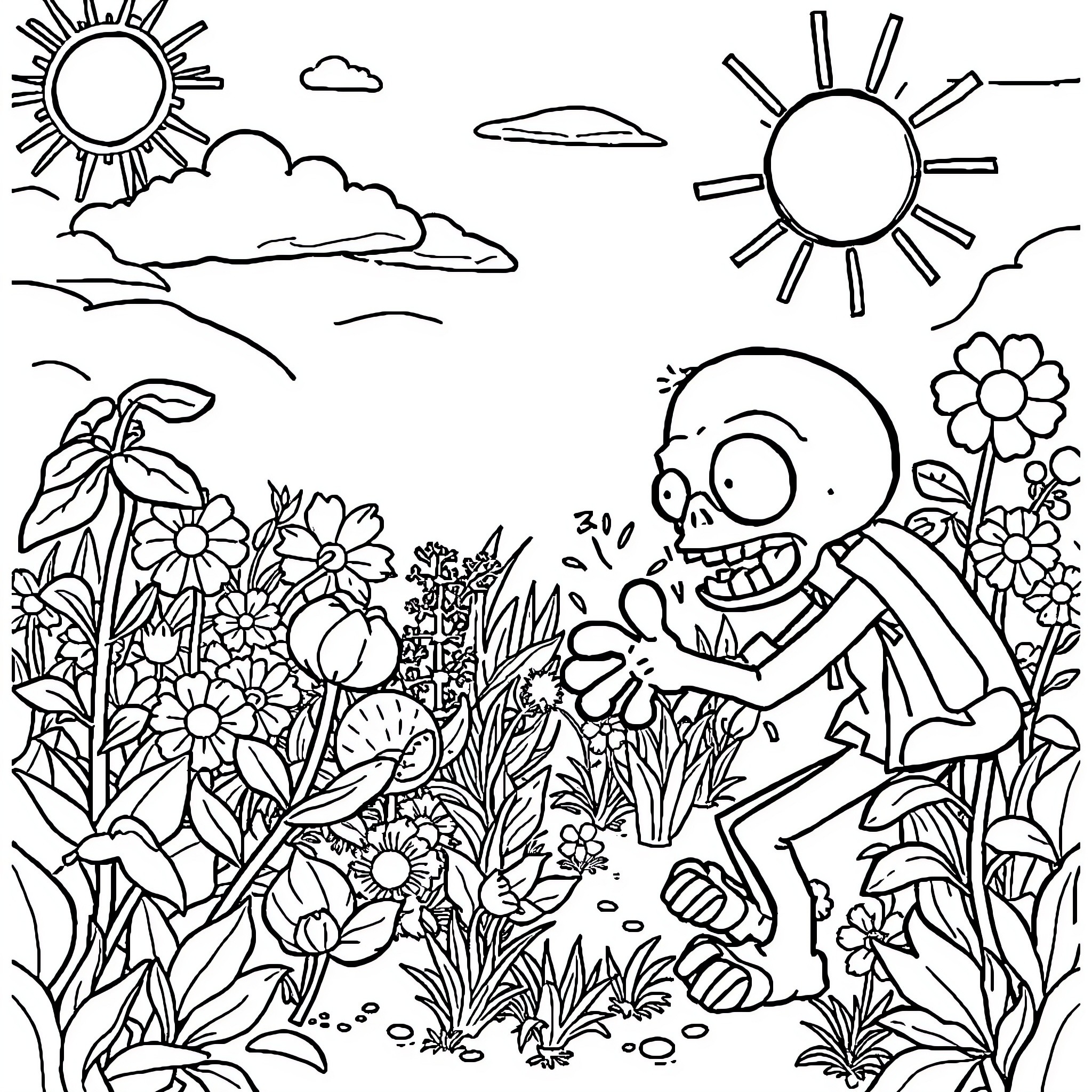 Plants vs. Zombies: Zombie in Colorful Garden Coloring Page (free black-and-white line drawing printable PDF for all, from beginners to advanced learners, including children, teens, adults, and seniors)