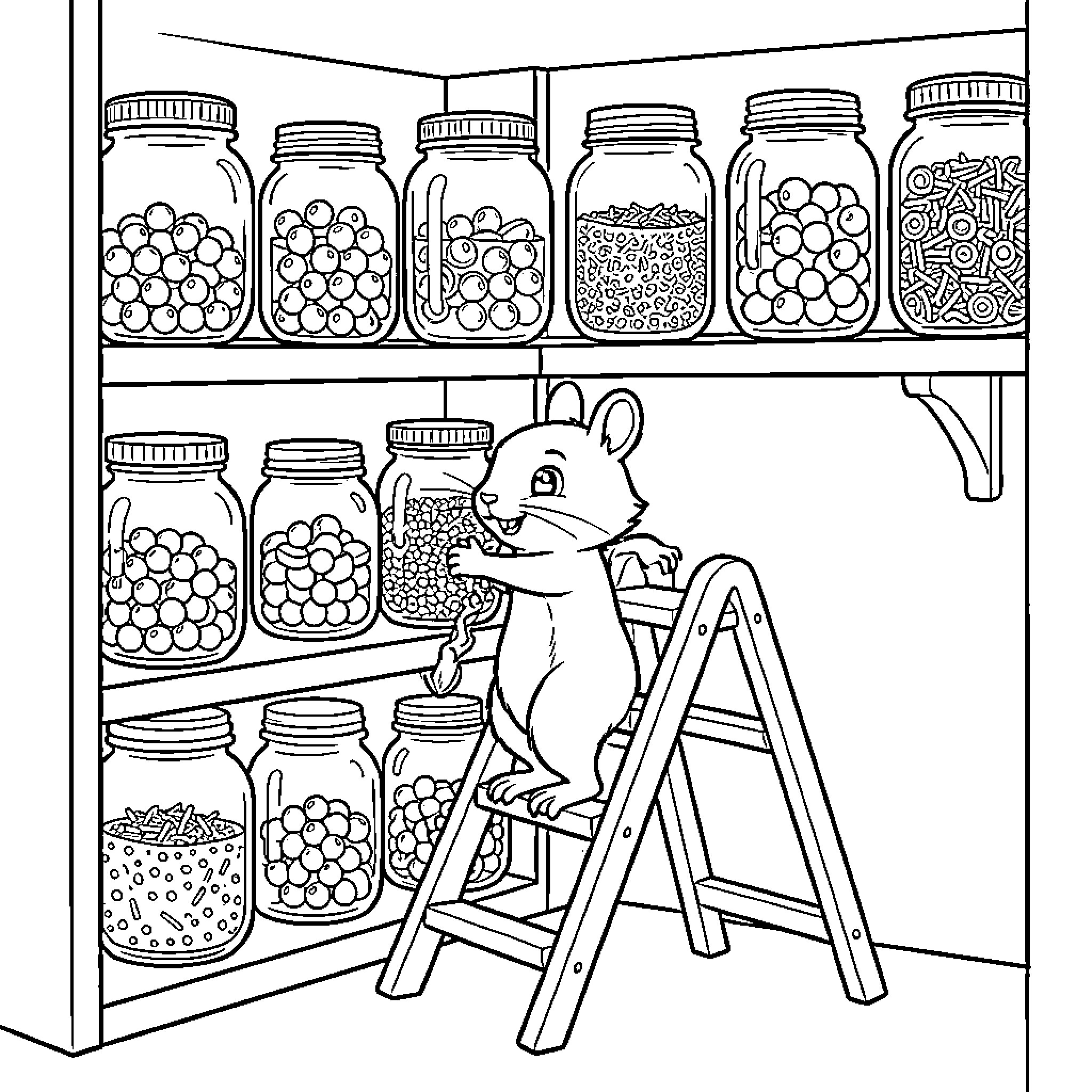Squirrel climbing a ladder to reach food jars Coloring Page (free black-and-white line drawing printable PDF for all, from beginners to advanced learners, including children, teens, adults, and seniors)