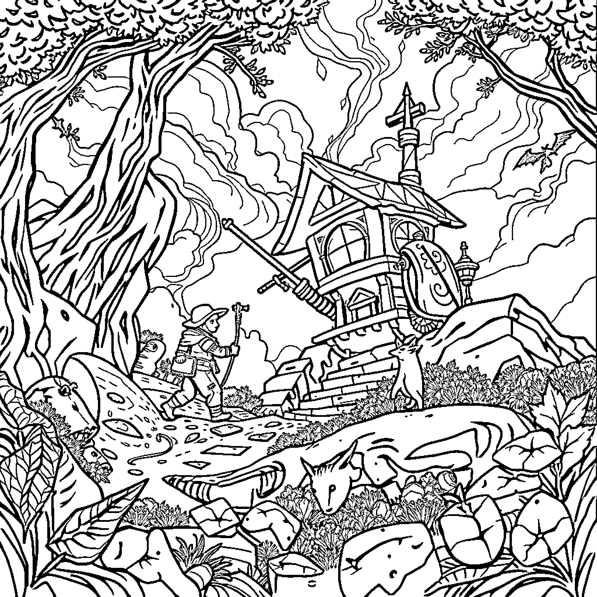 Huntrix's Fantastical Forest Adventure Coloring Page (free black-and-white line drawing printable PDF for all, from beginners to advanced learners, including children, teens, adults, and seniors)