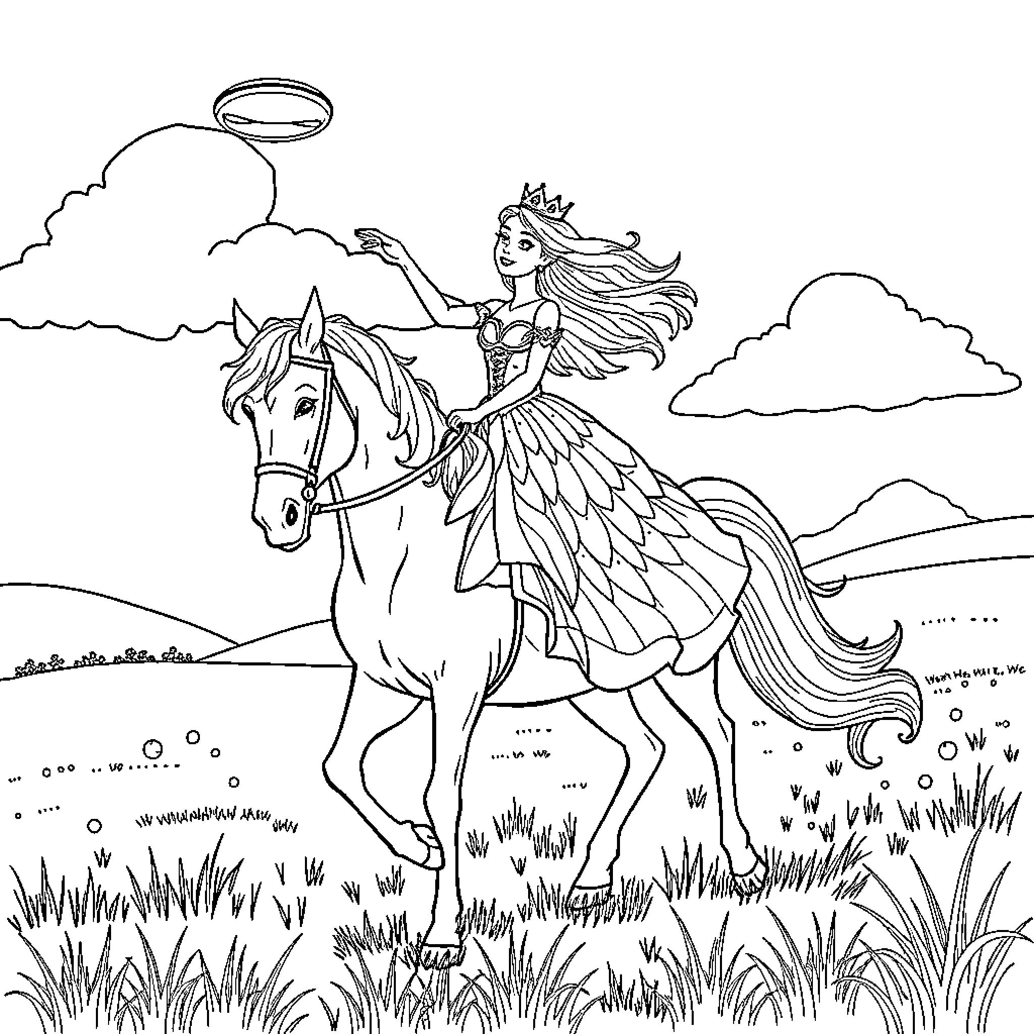 Princess riding majestic horse in enchanting landscape Coloring Page (free black-and-white line drawing printable PDF for all, from beginners to advanced learners, including children, teens, adults, and seniors)