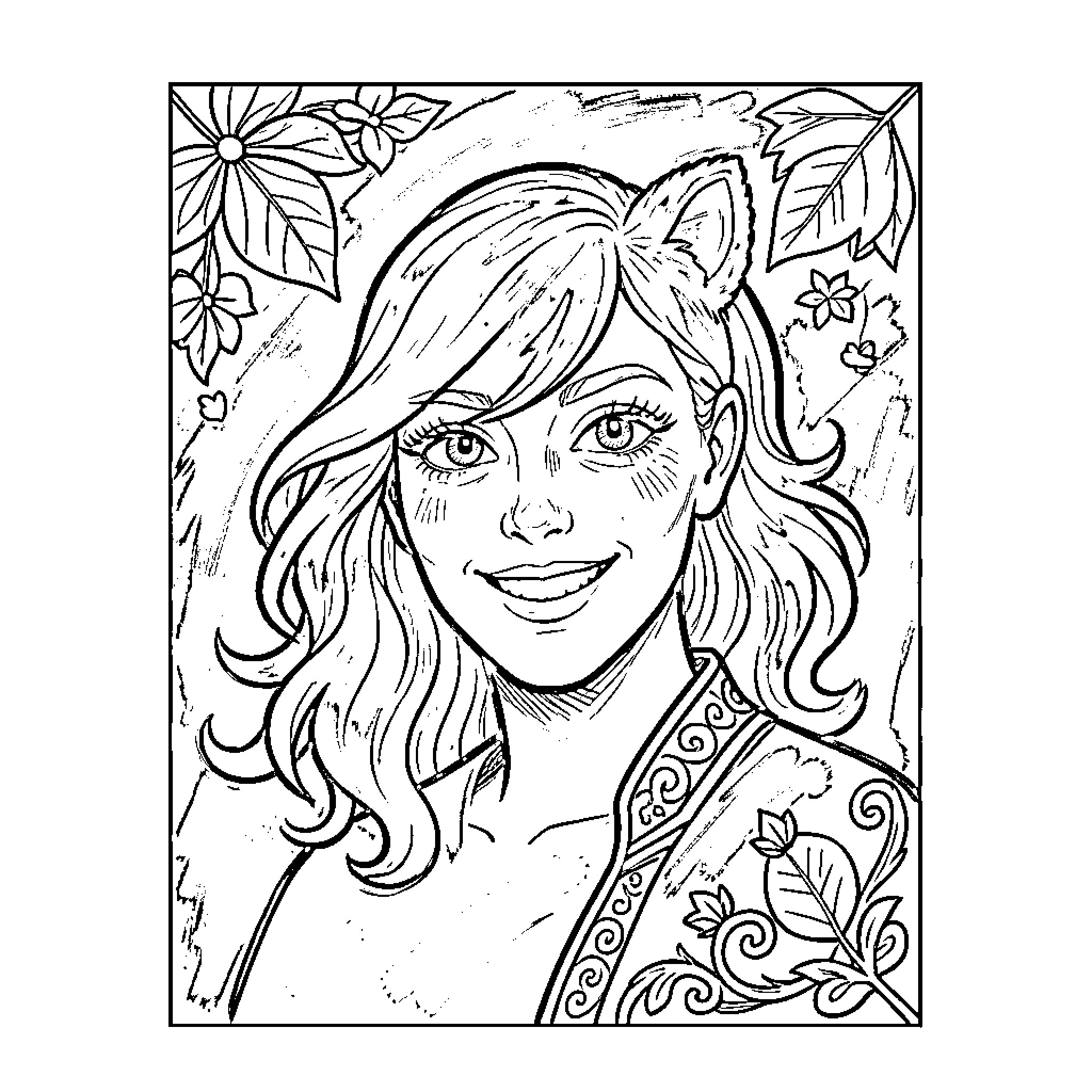 Painting of a smiling young woman surrounded by floral patterns Coloring Page (free black-and-white line drawing printable PDF for all, from beginners to advanced learners, including children, teens, adults, and seniors)