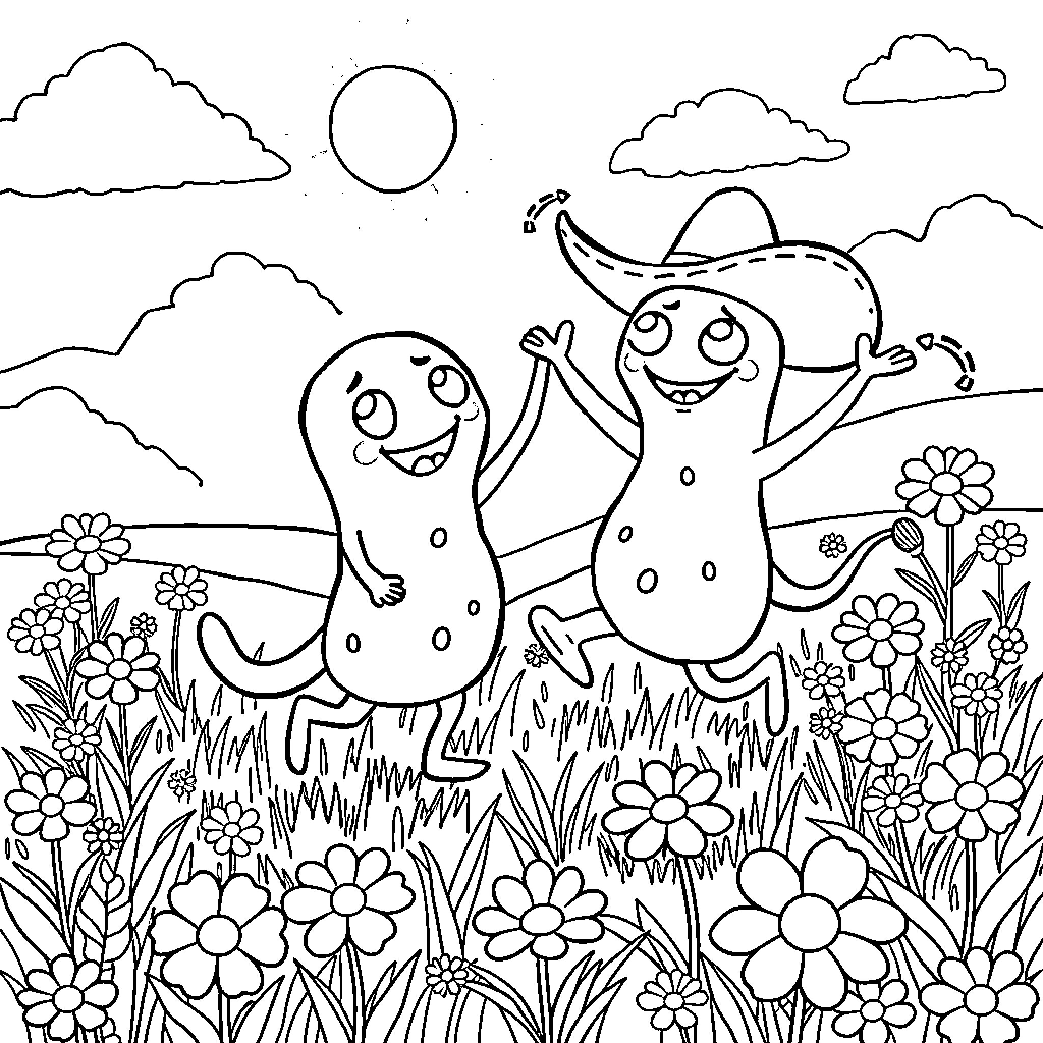 Slime figures dancing joyfully in a meadow Coloring Page (free black-and-white line drawing printable PDF for all, from beginners to advanced learners, including children, teens, adults, and seniors)