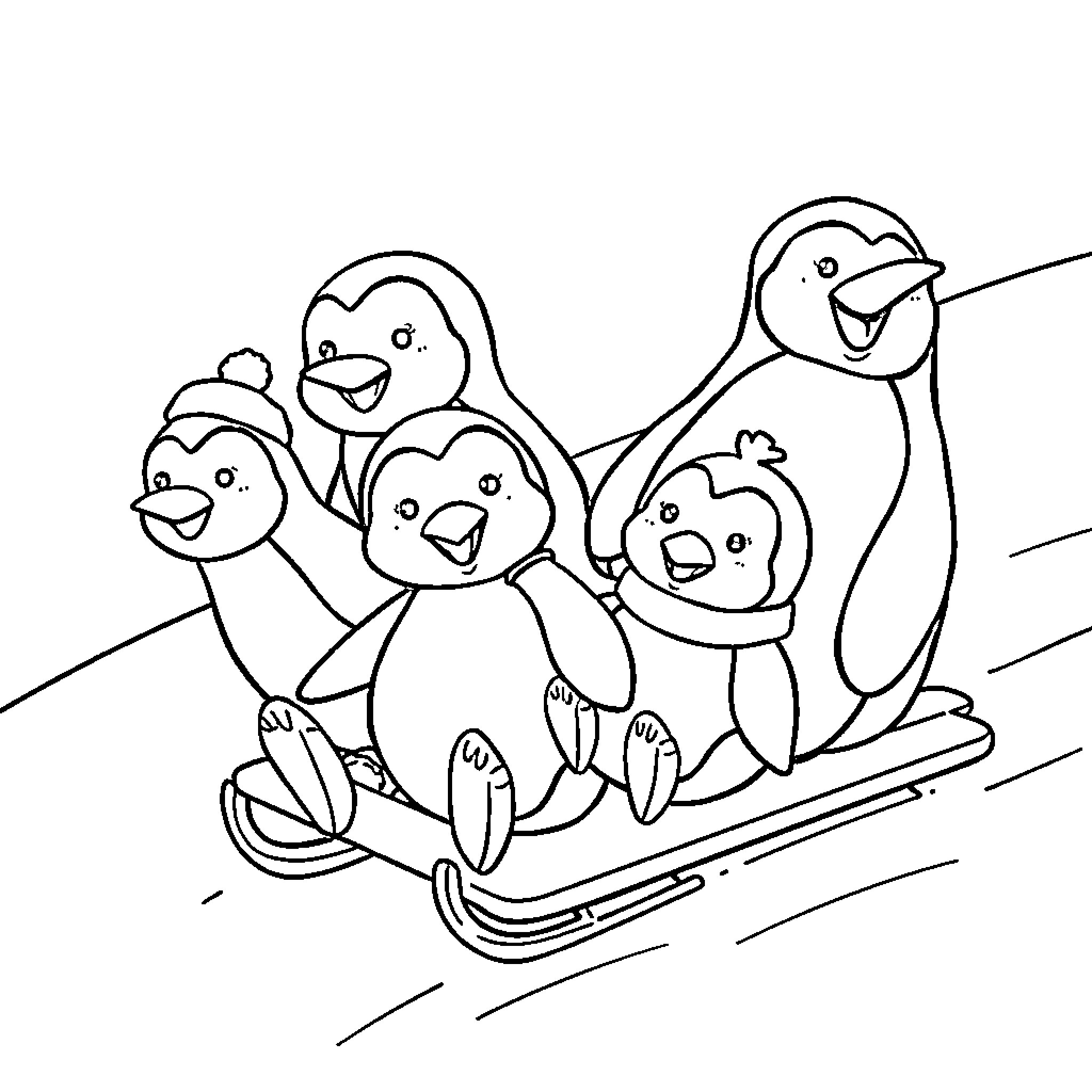 Penguins sledding happily on a snowy slope Coloring Page (free black-and-white line drawing printable PDF for all, from beginners to advanced learners, including children, teens, adults, and seniors)