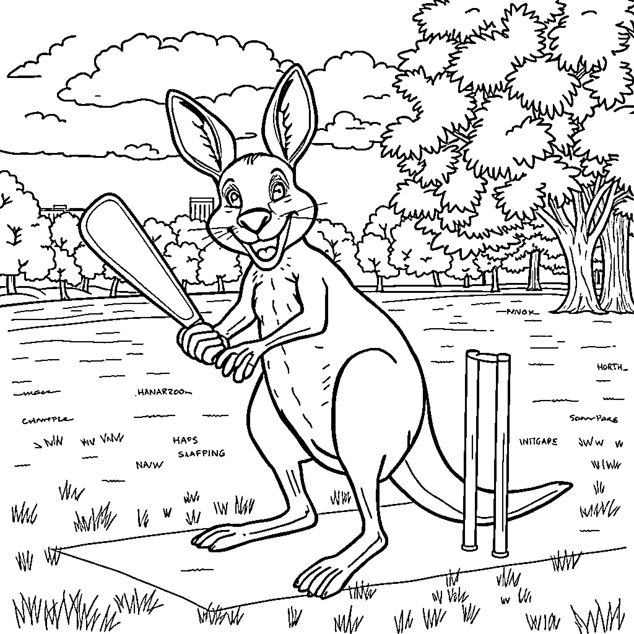 Kangaroo playing cricket in a natural setting Coloring Page (free black-and-white line drawing printable PDF for all, from beginners to advanced learners, including children, teens, adults, and seniors)