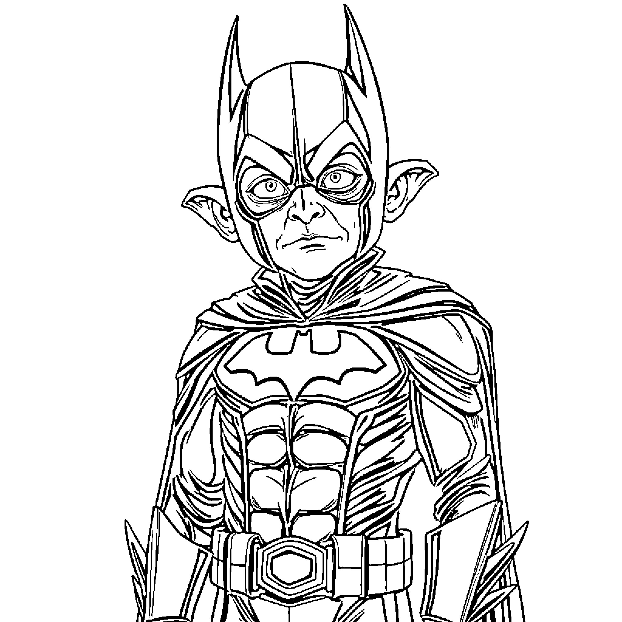 Gollum as a determined Caped Crusader in action Coloring Page (free black-and-white line drawing printable PDF for all, from beginners to advanced learners, including children, teens, adults, and seniors)