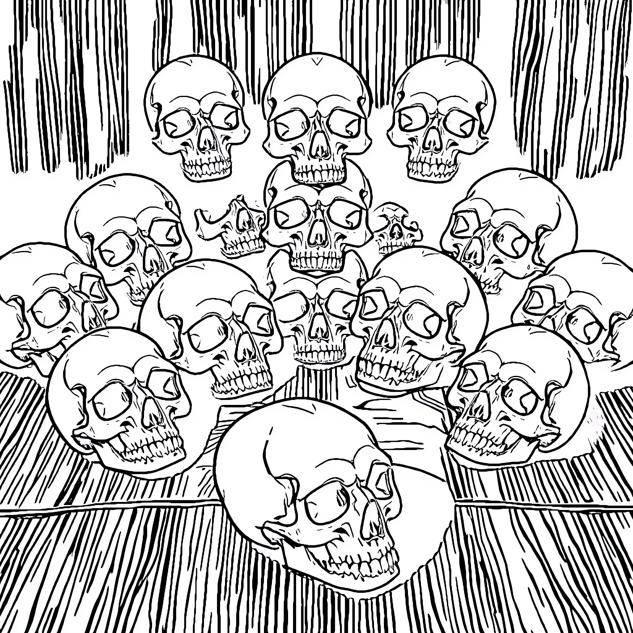 Skull Pile of Terrifying Skulls in the Darkness Coloring Page (free black-and-white line drawing printable PDF for all, from beginners to advanced learners, including children, teens, adults, and seniors)