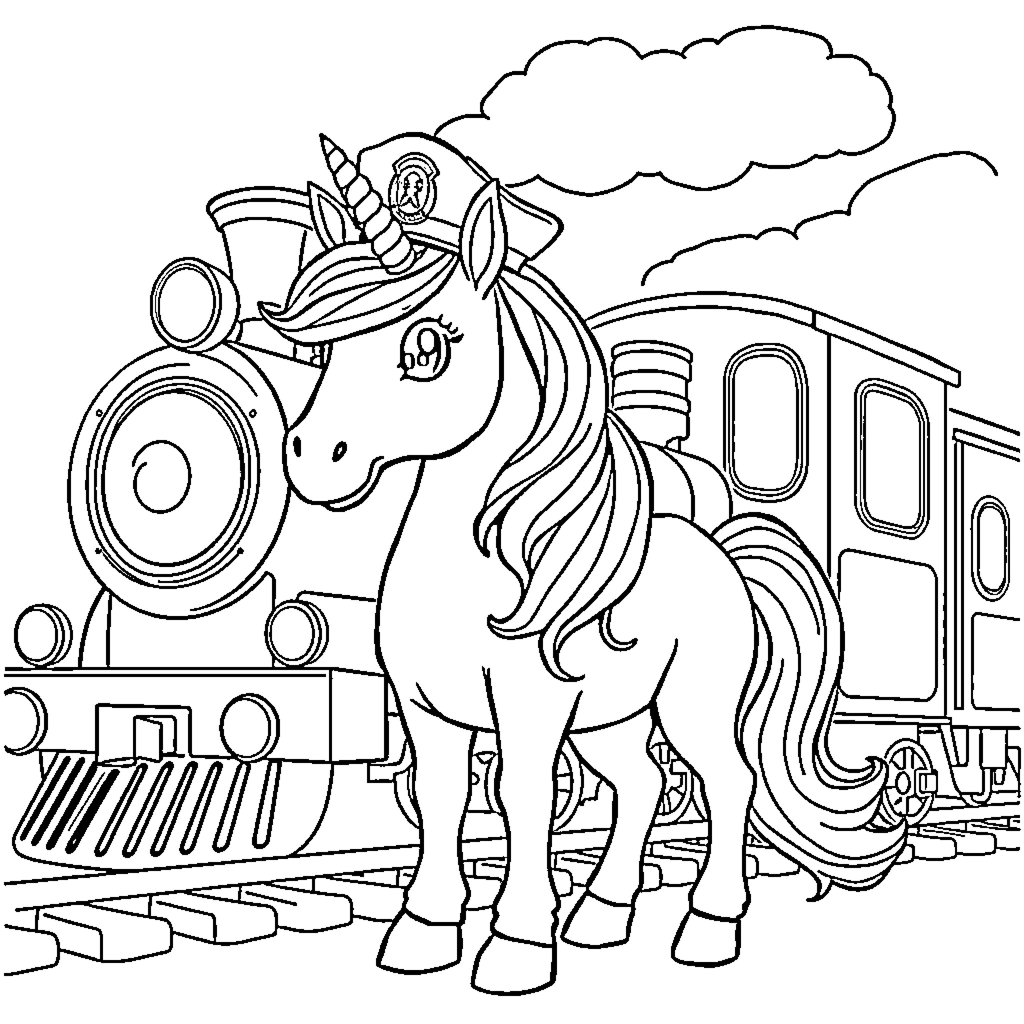 Unicorn riding a magical train through the clouds Coloring Page (free black-and-white line drawing printable PDF for all, from beginners to advanced learners, including children, teens, adults, and seniors)