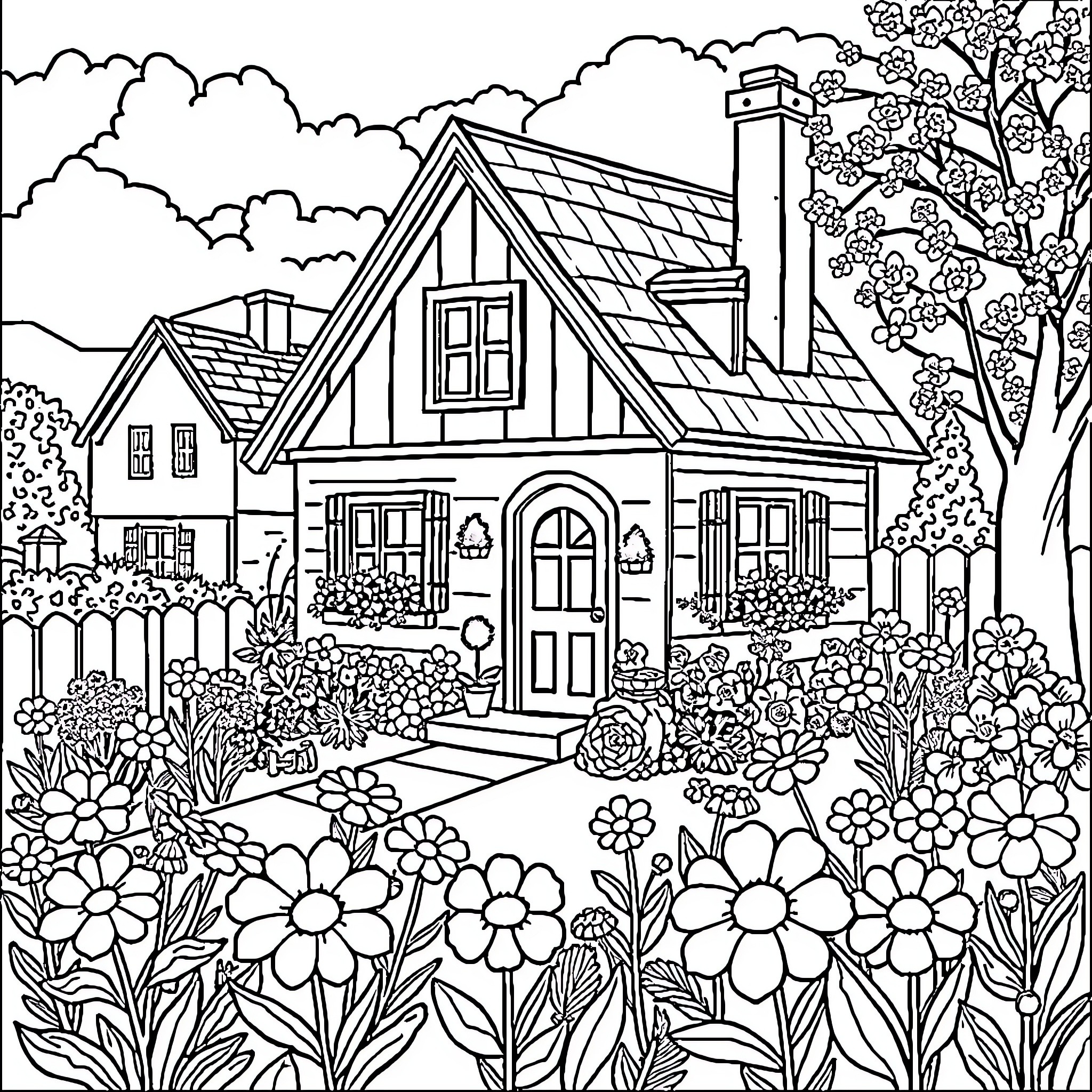 House in a Lush Garden with Blooming Flowers Coloring Page (free black-and-white line drawing printable PDF for all, from beginners to advanced learners, including children, teens, adults, and seniors)