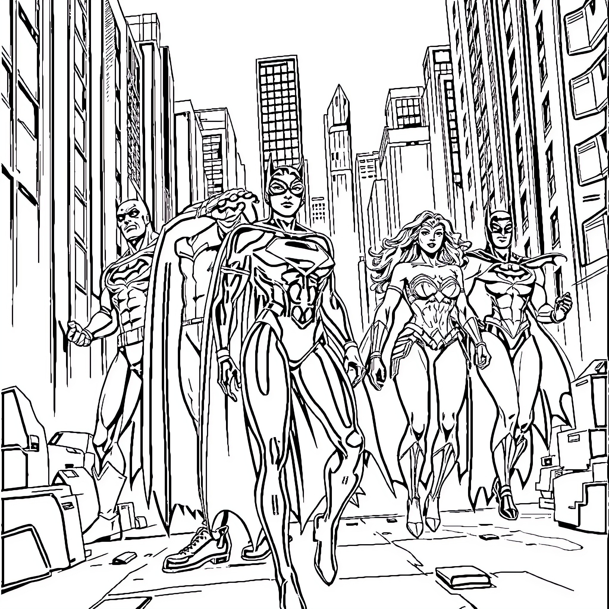 Cat Woman and Superheroes Fight Crime in the City Coloring Page (free black-and-white line drawing printable PDF for all, from beginners to advanced learners, including children, teens, adults, and seniors)