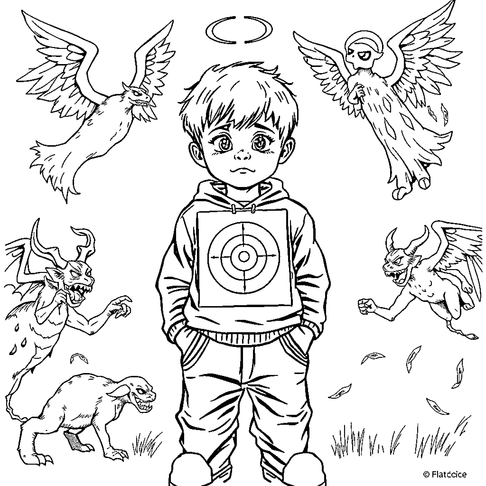 Boy in fantasy world with mythical creatures Coloring Page (free black-and-white line drawing printable PDF for all, from beginners to advanced learners, including children, teens, adults, and seniors)