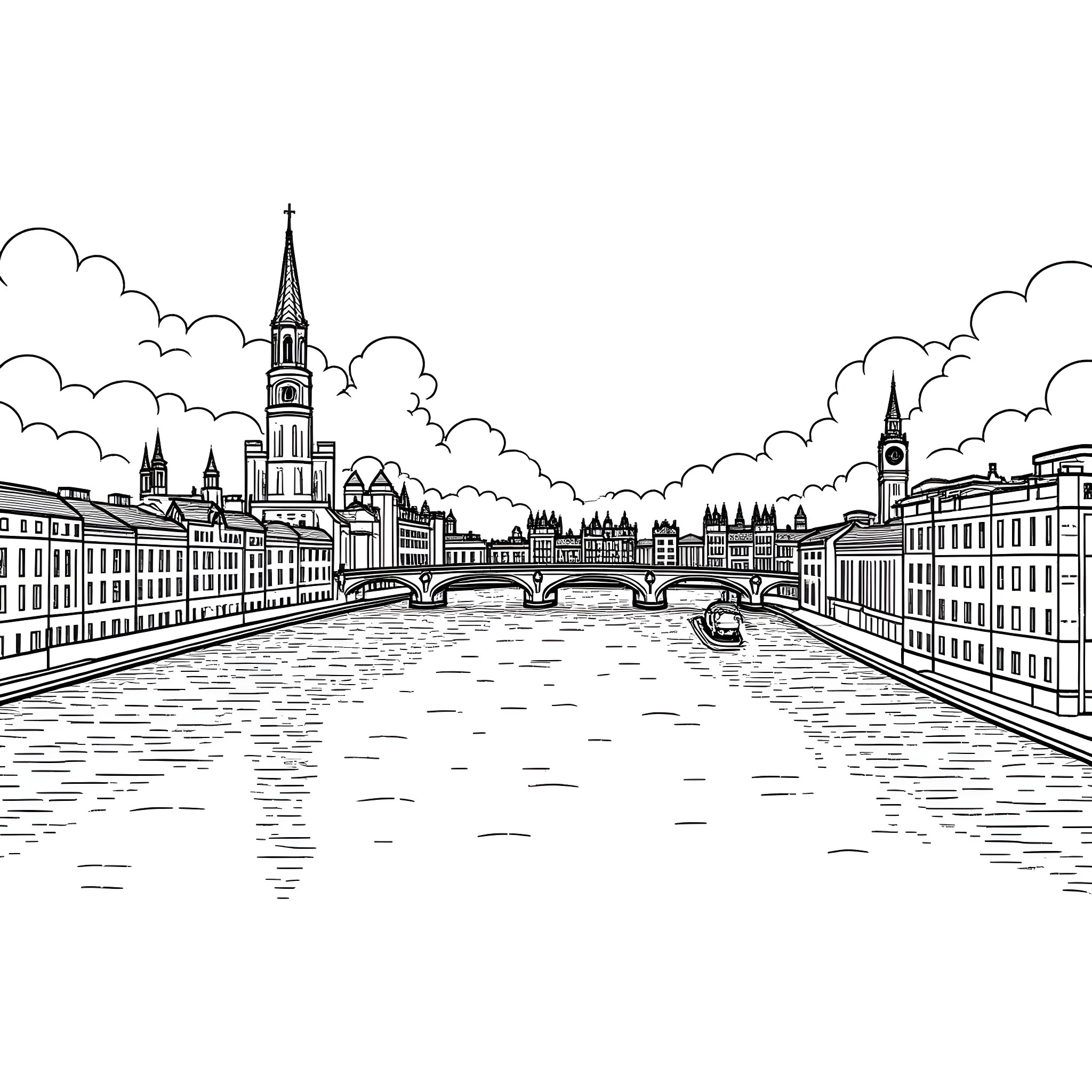 London scenic waterfront with historic architecture Coloring Page (free black-and-white line drawing printable PDF for all, from beginners to advanced learners, including children, teens, adults, and seniors)