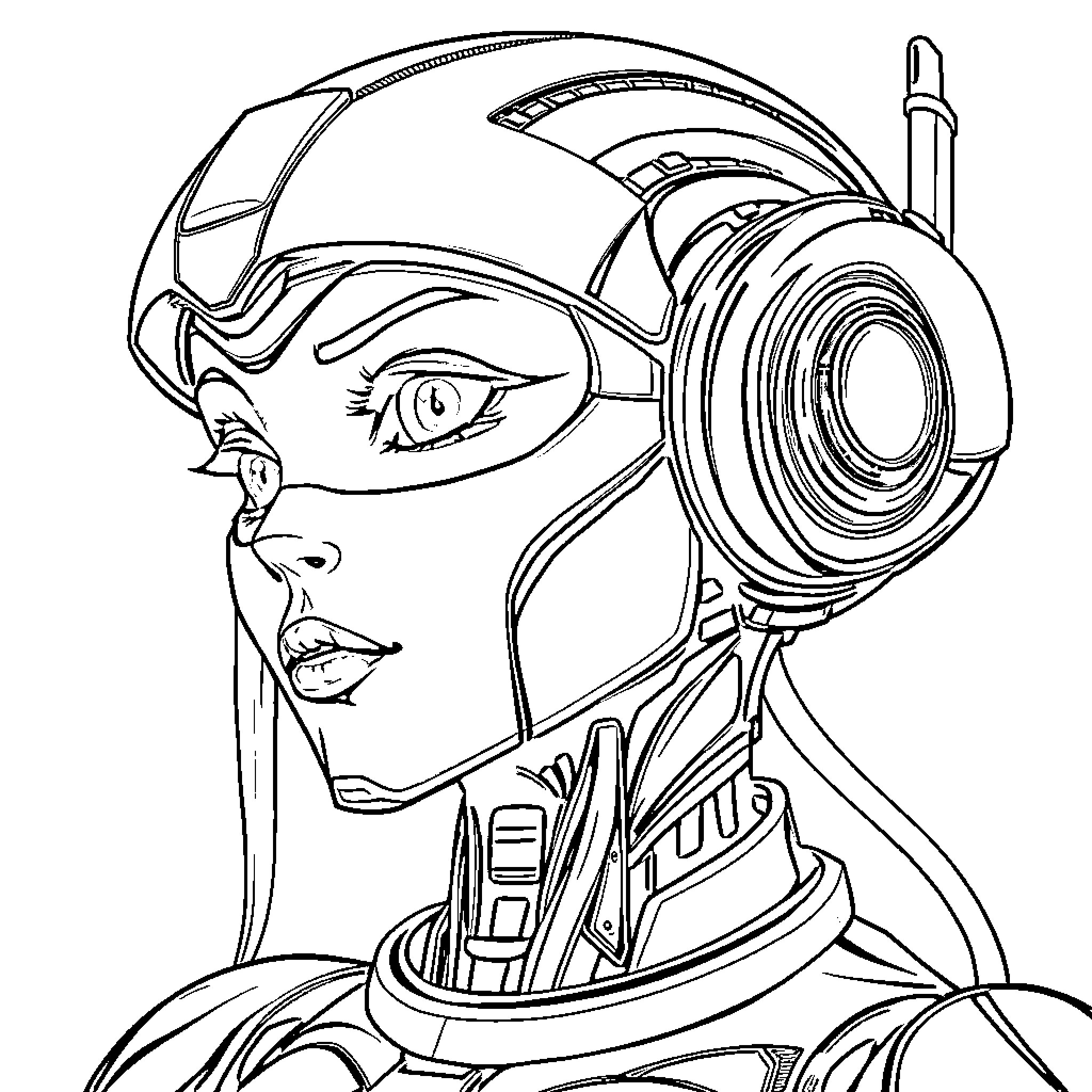 Robot Girl in Futuristic Gear Coloring Page (free black-and-white line drawing printable PDF for all, from beginners to advanced learners, including children, teens, adults, and seniors)