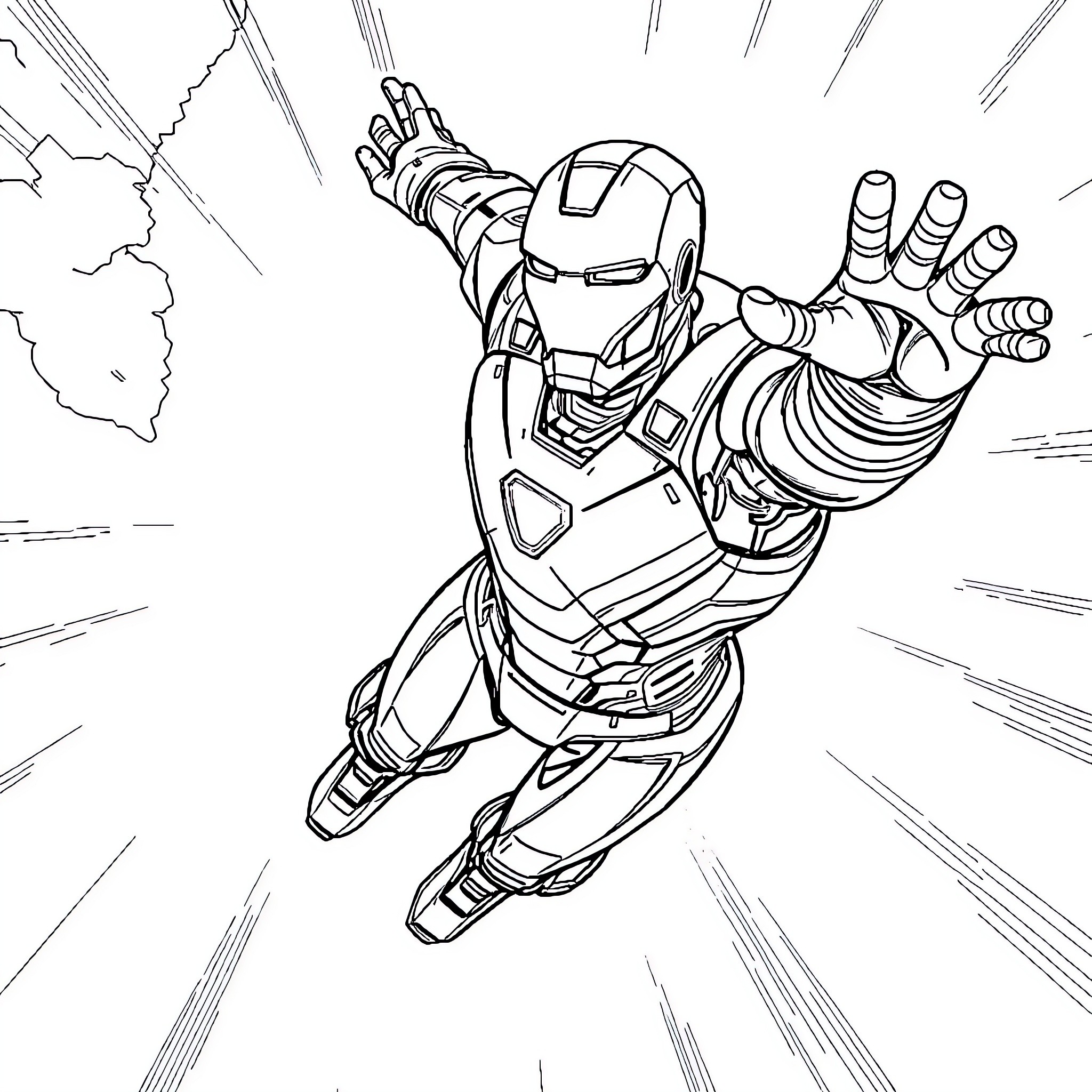 Iron Man taking action in a powerful pose Coloring Page (free black-and-white line drawing printable PDF for all, from beginners to advanced learners, including children, teens, adults, and seniors)