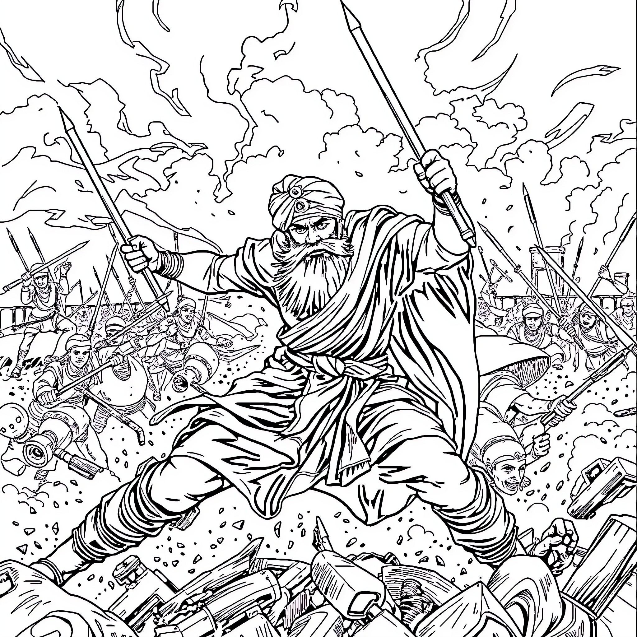 Sikh Warrior Battling Amidst Chaos and Conflict Coloring Page (free black-and-white line drawing printable PDF for all, from beginners to advanced learners, including children, teens, adults, and seniors)