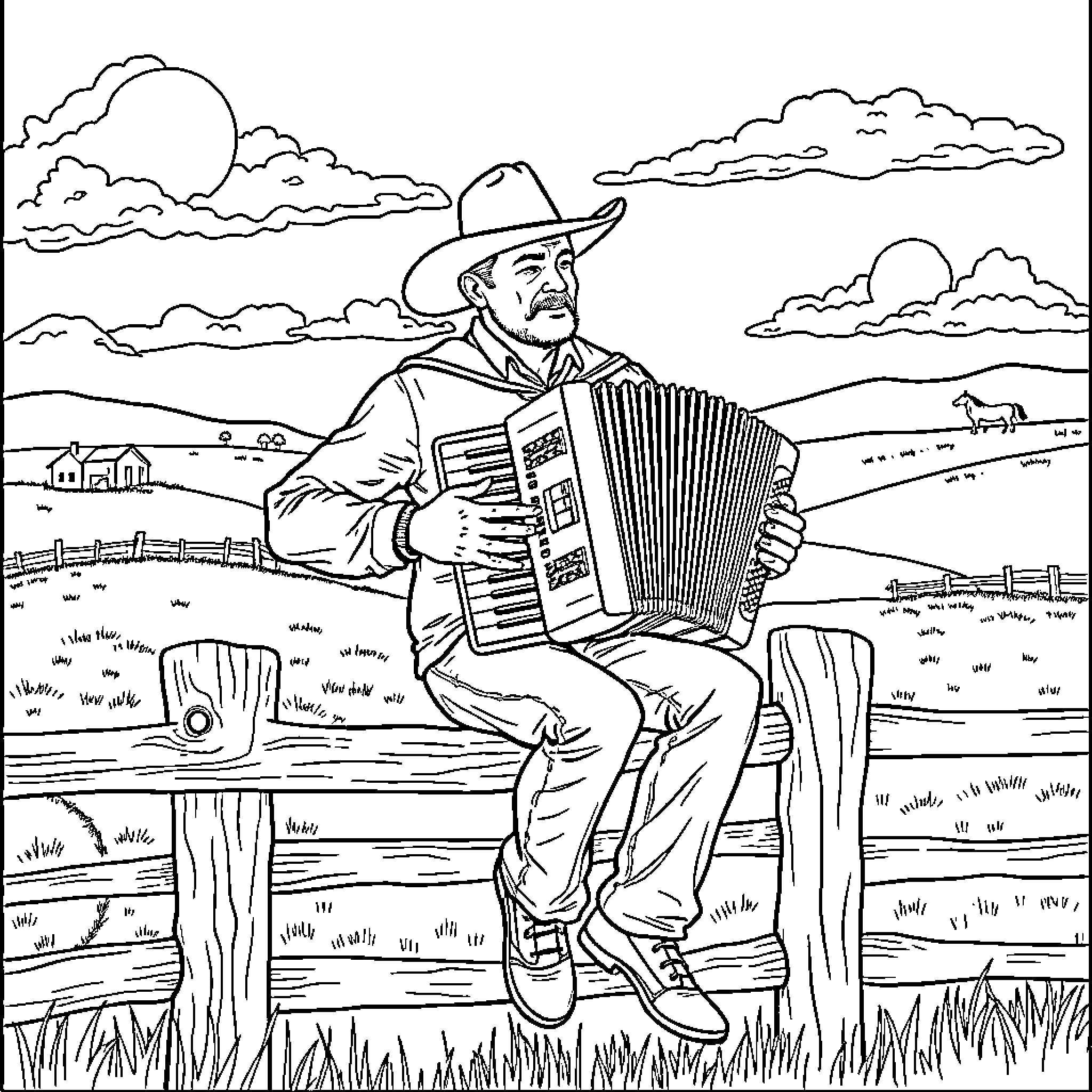 Man playing accordion in rural countryside Coloring Page (free black-and-white line drawing printable PDF for all, from beginners to advanced learners, including children, teens, adults, and seniors)