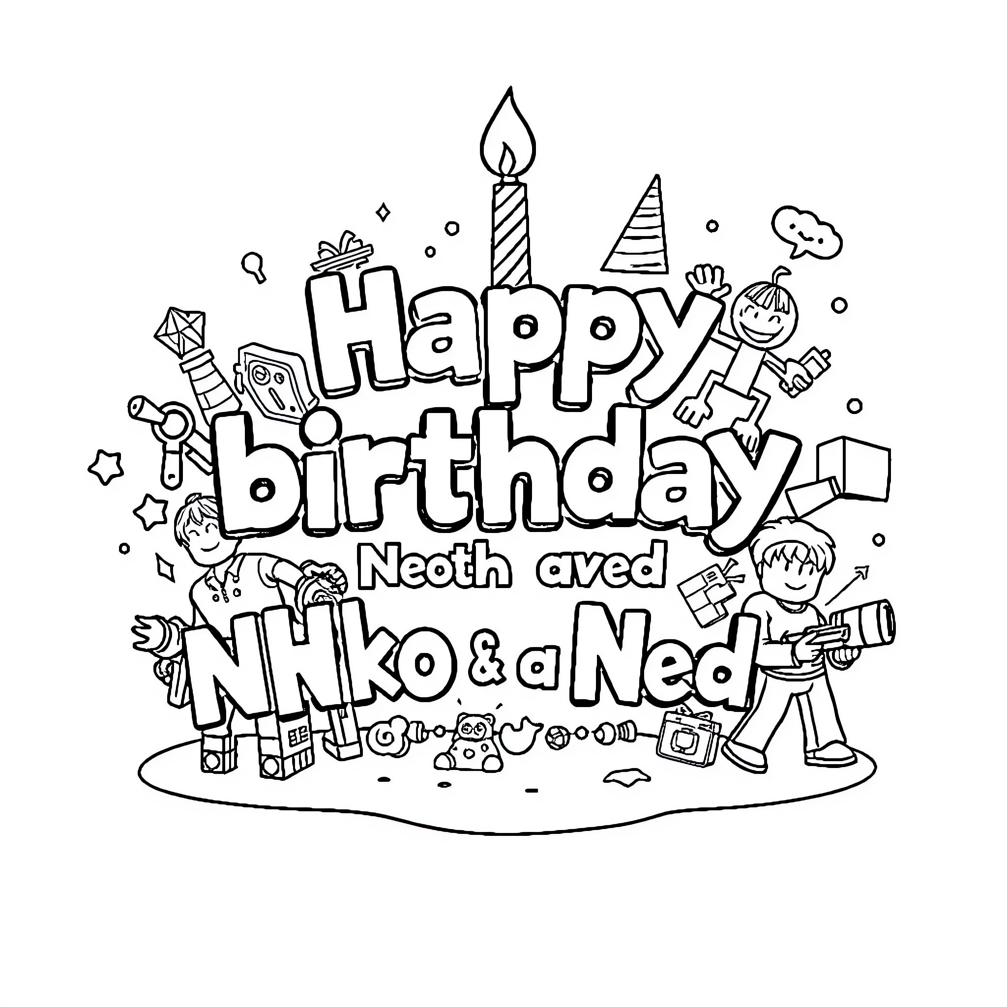 Roblox characters celebrating a happy birthday Coloring Page (free black-and-white line drawing printable PDF for all, from beginners to advanced learners, including children, teens, adults, and seniors)