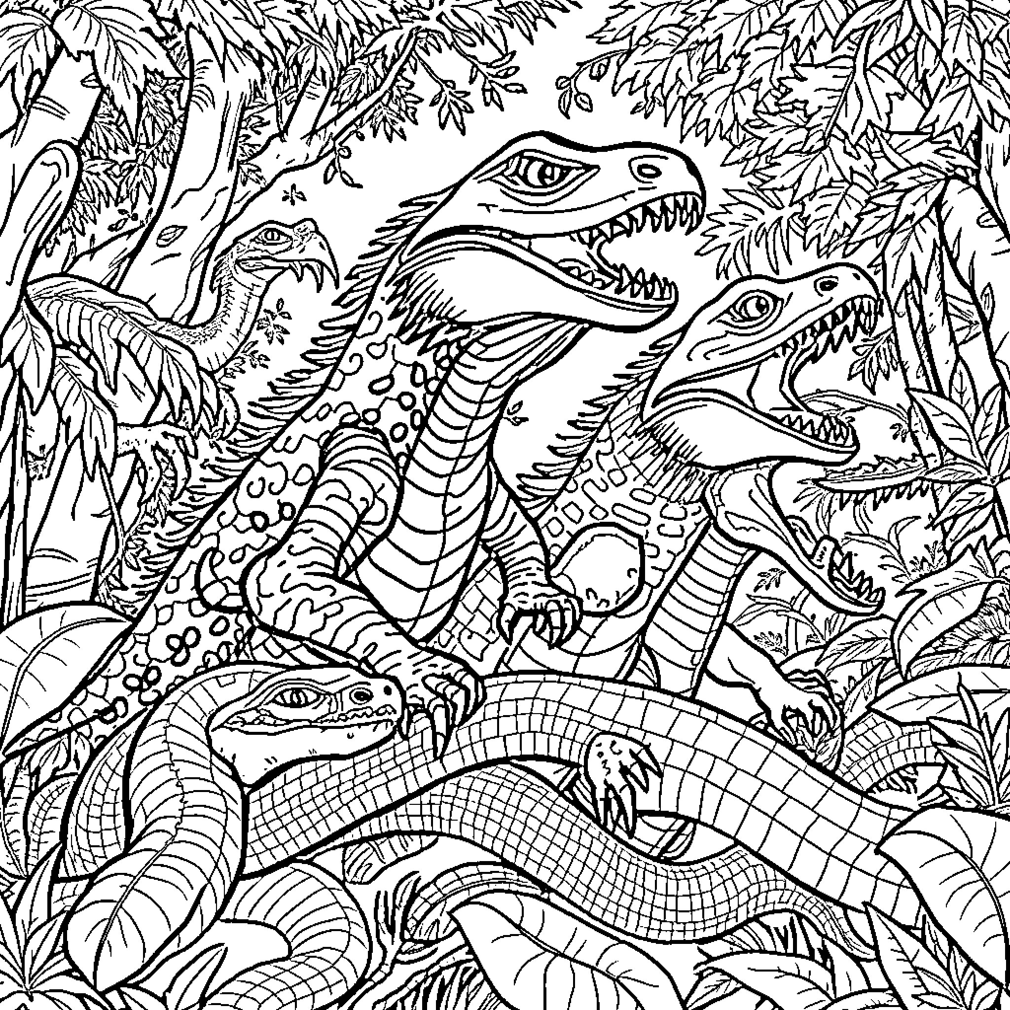 Raptor Predators in Jungle Habitat Coloring Page (free black-and-white line drawing printable PDF for all, from beginners to advanced learners, including children, teens, adults, and seniors)