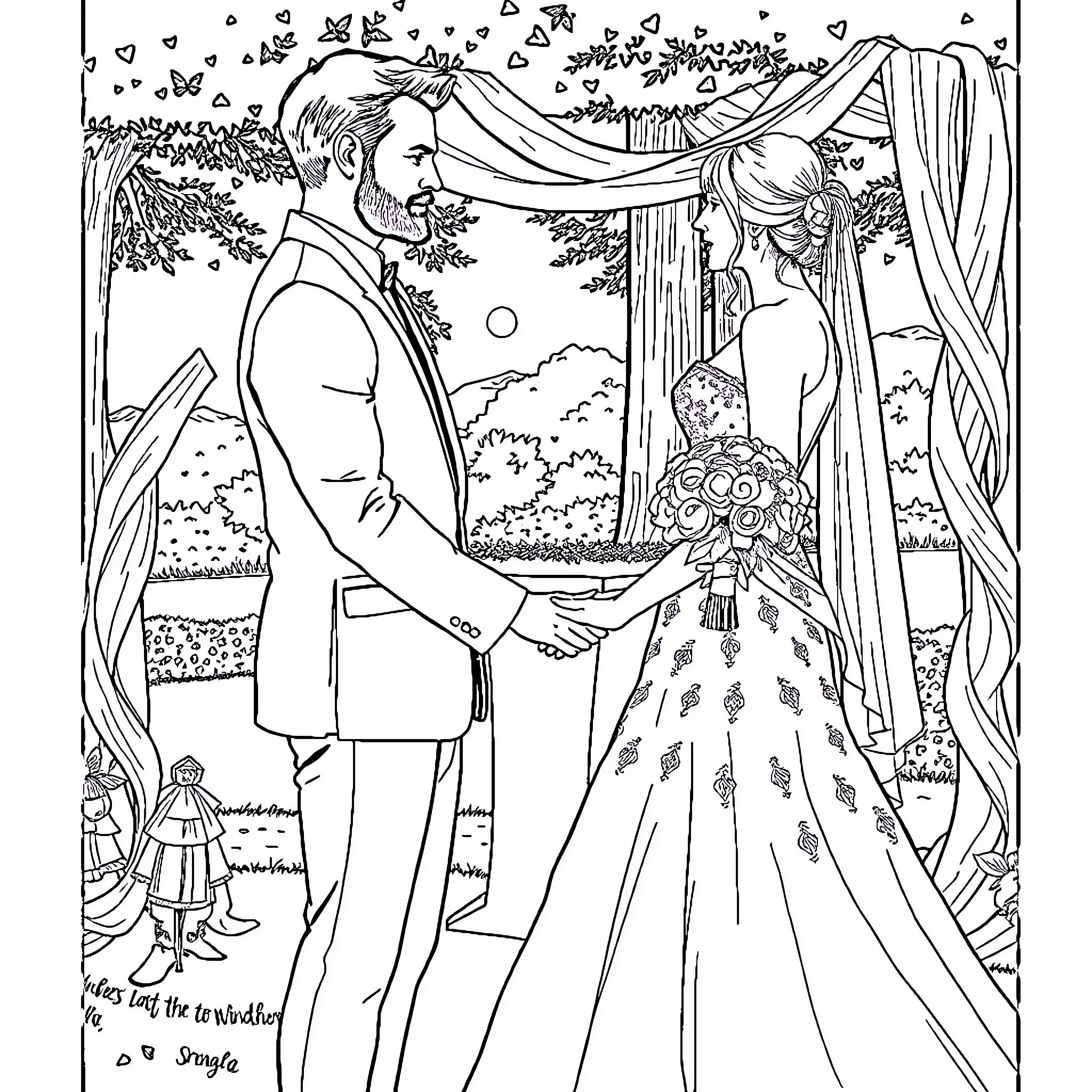 Taylor Swift's Romantic Wedding Scene in the Garden Coloring Page (free black-and-white line drawing printable PDF for all, from beginners to advanced learners, including children, teens, adults, and seniors)
