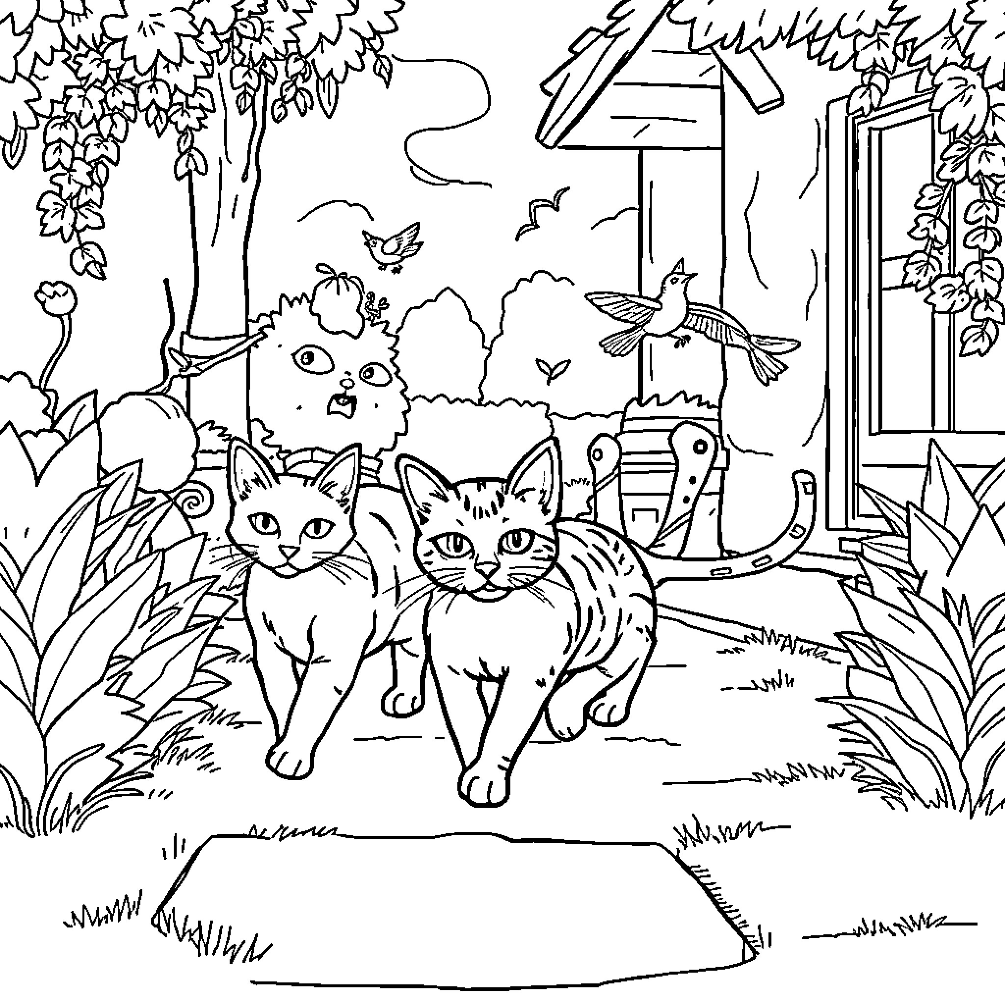 Cat Trio Exploring Backyard Scenery Coloring Page (free black-and-white line drawing printable PDF for all, from beginners to advanced learners, including children, teens, adults, and seniors)