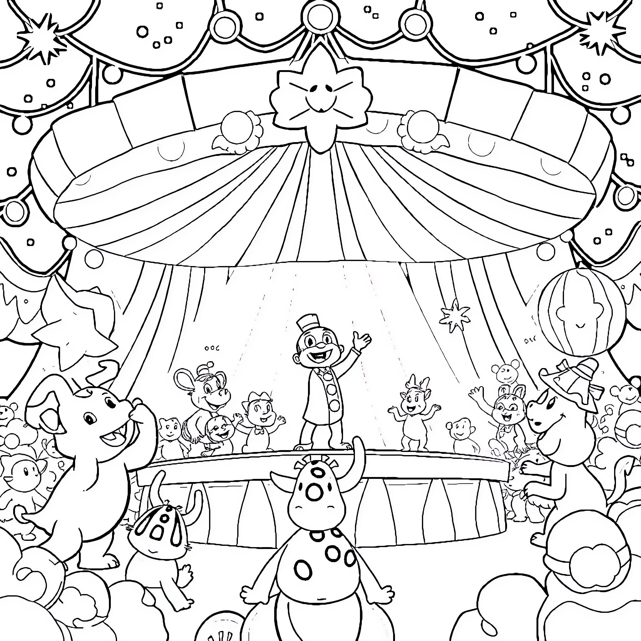 Pomni Circus Celebration with Playful Characters Coloring Page (free black-and-white line drawing printable PDF for all, from beginners to advanced learners, including children, teens, adults, and seniors)