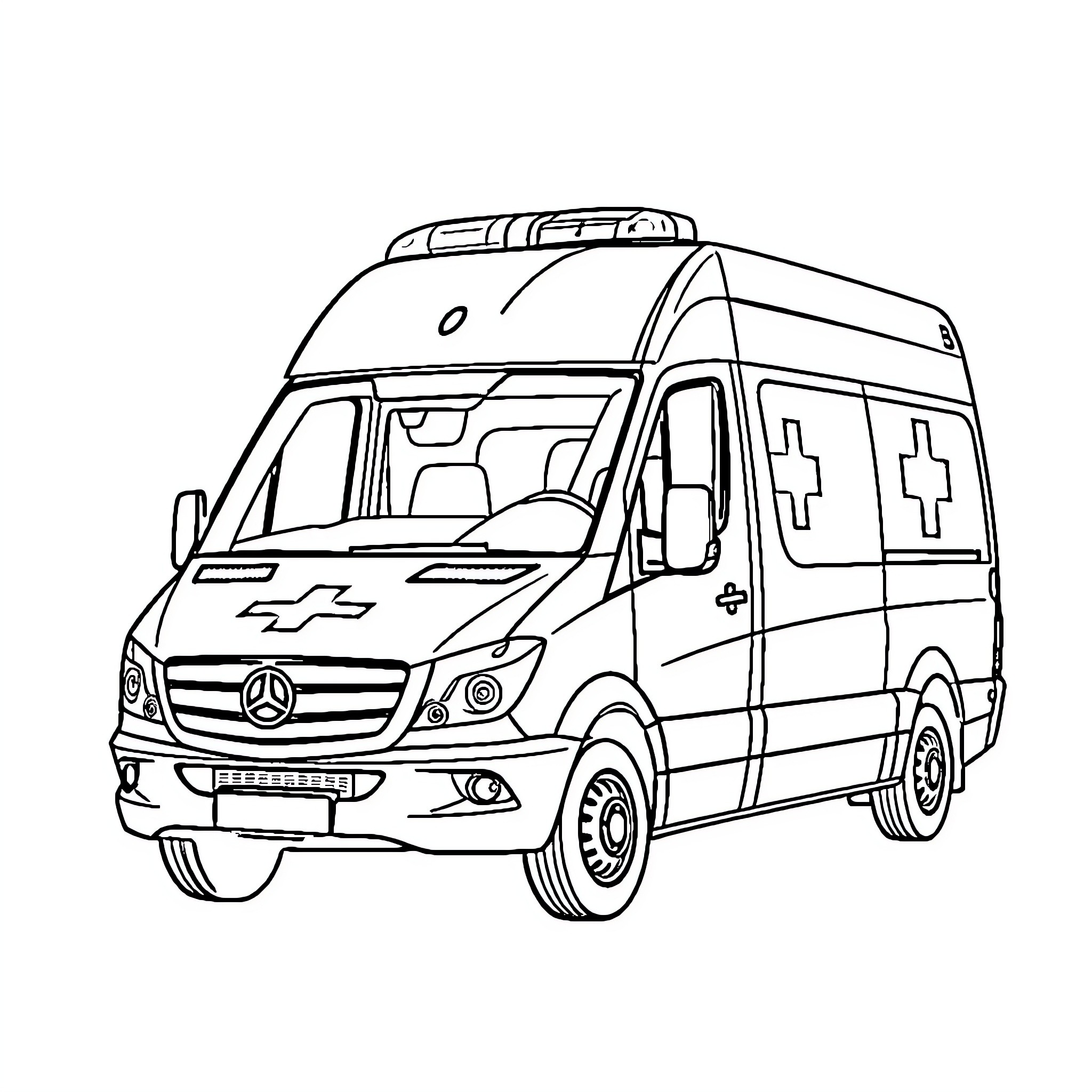 Ambulance vehicle with medical equipment and markings Coloring Page (free black-and-white line drawing printable PDF for all, from beginners to advanced learners, including children, teens, adults, and seniors)
