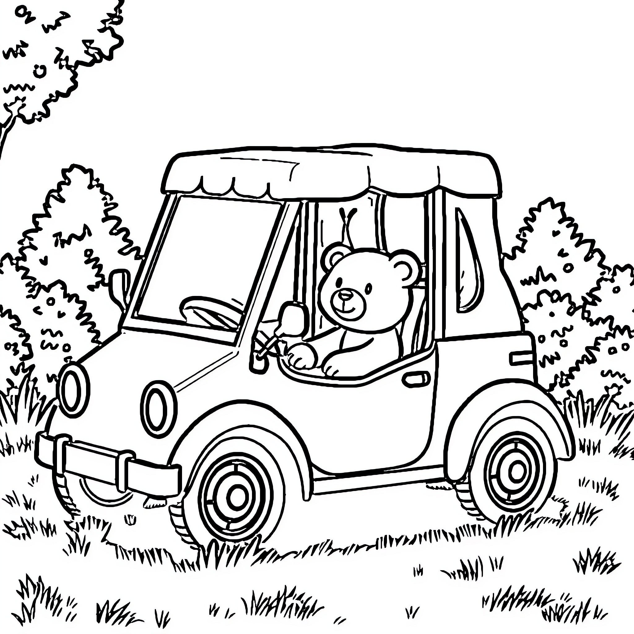 Folding Car with Playful Bear Coloring Page (free black-and-white line drawing printable PDF for all, from beginners to advanced learners, including children, teens, adults, and seniors)