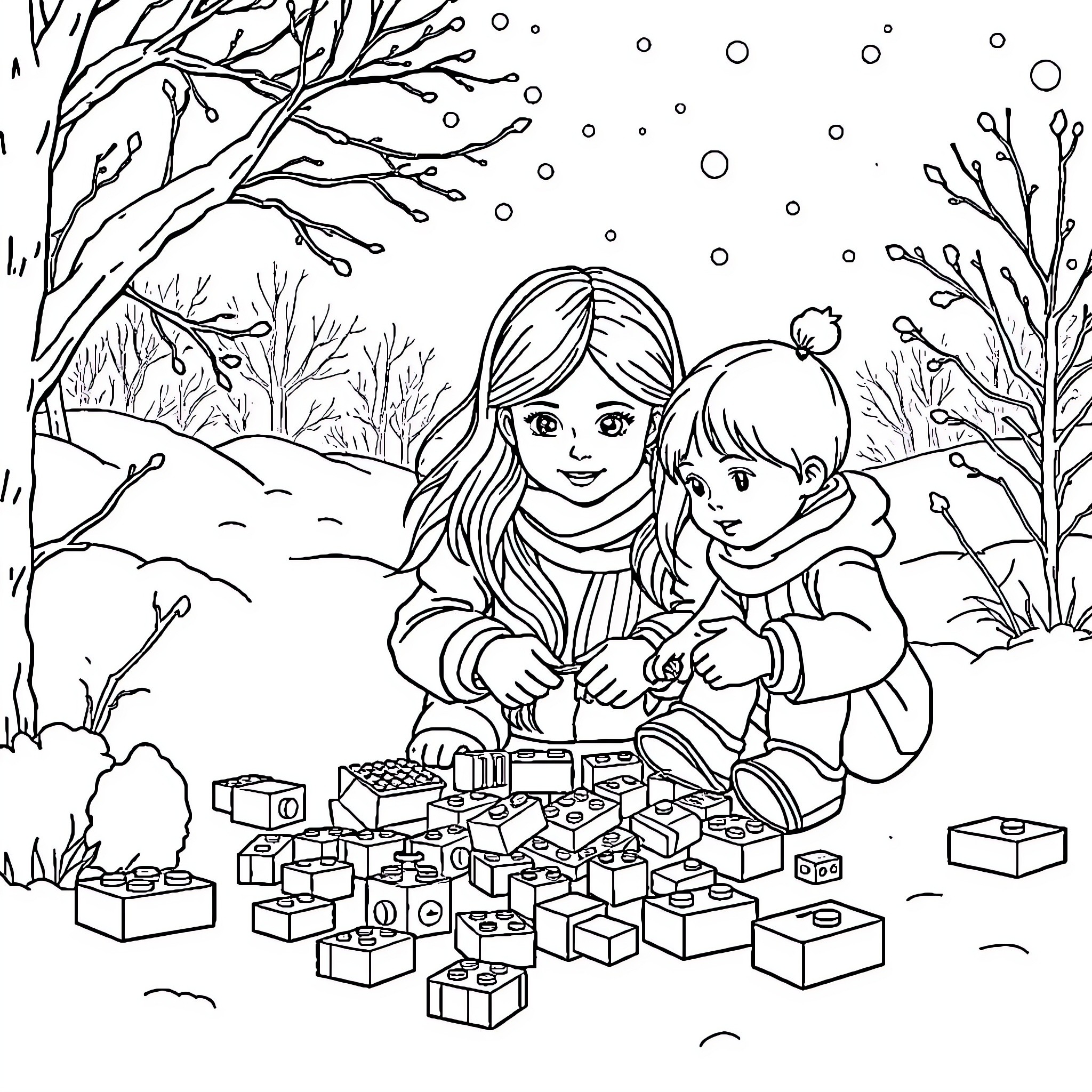 Snow Day Fun with Toys and Loved Ones Coloring Page (free black-and-white line drawing printable PDF for all, from beginners to advanced learners, including children, teens, adults, and seniors)