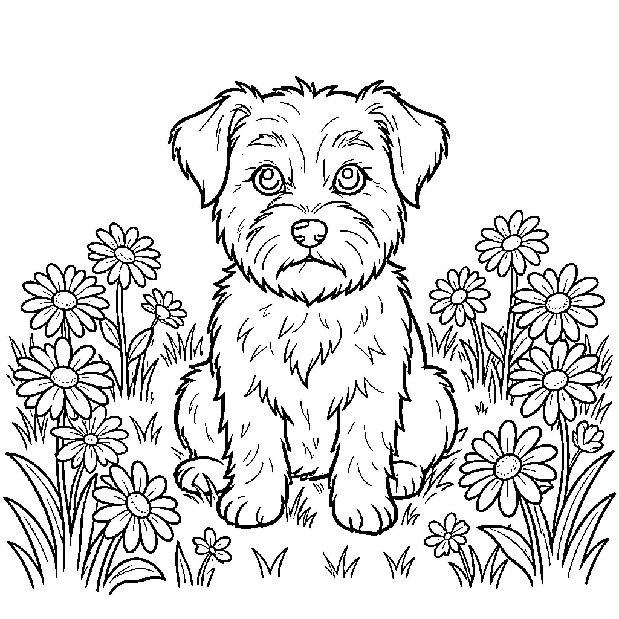 Terrier sitting calmly amidst a field of daisies Coloring Page (free black-and-white line drawing printable PDF for all, from beginners to advanced learners, including children, teens, adults, and seniors)