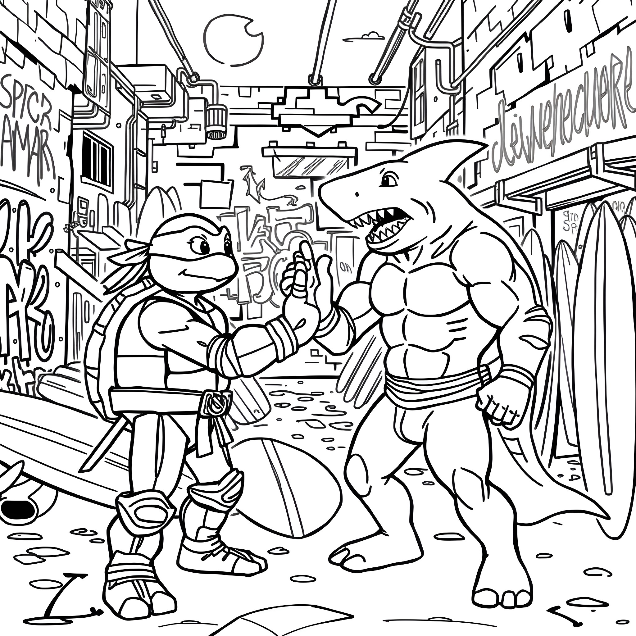 Ninja Turtle warriors facing off against a powerful shark creature Coloring Page (free black-and-white line drawing printable PDF for all, from beginners to advanced learners, including children, teens, adults, and seniors)