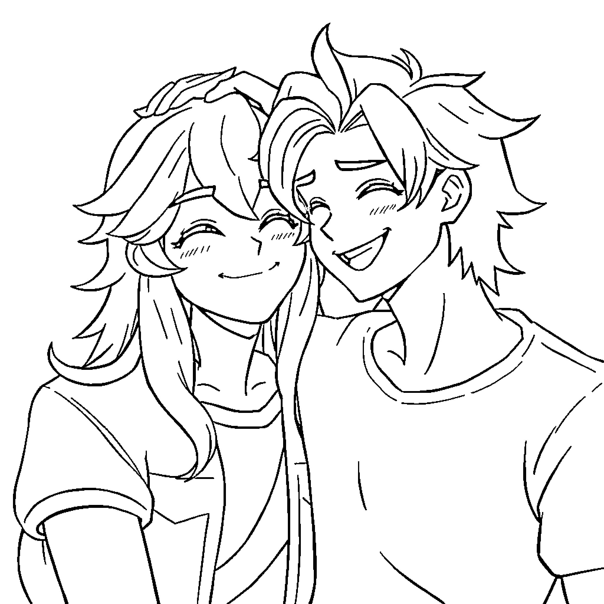 Aphmau Characters Expressing Happiness Together Coloring Page (free black-and-white line drawing printable PDF for all, from beginners to advanced learners, including children, teens, adults, and seniors)