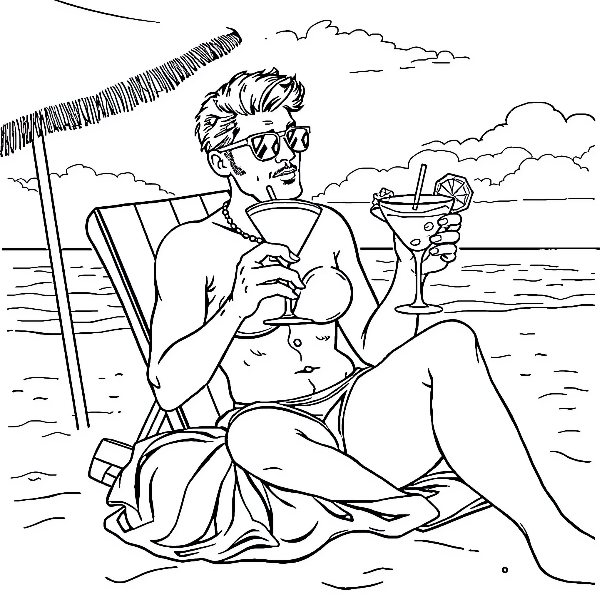 Mercredi: Person relaxing on the beach with a drink Coloring Page (free black-and-white line drawing printable PDF for all, from beginners to advanced learners, including children, teens, adults, and seniors)