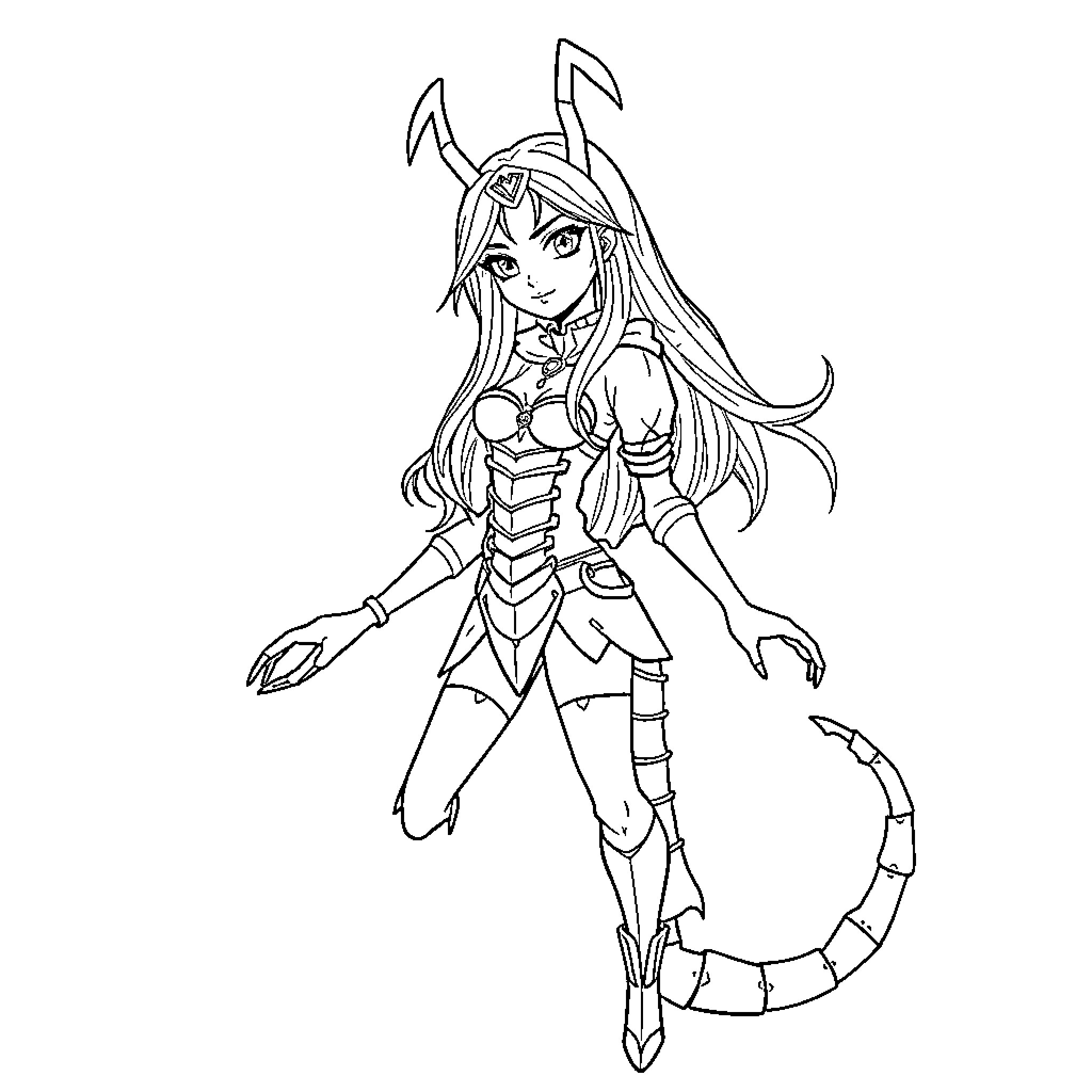 Scorpion warrior with long hair in battle stance Coloring Page (free black-and-white line drawing printable PDF for all, from beginners to advanced learners, including children, teens, adults, and seniors)