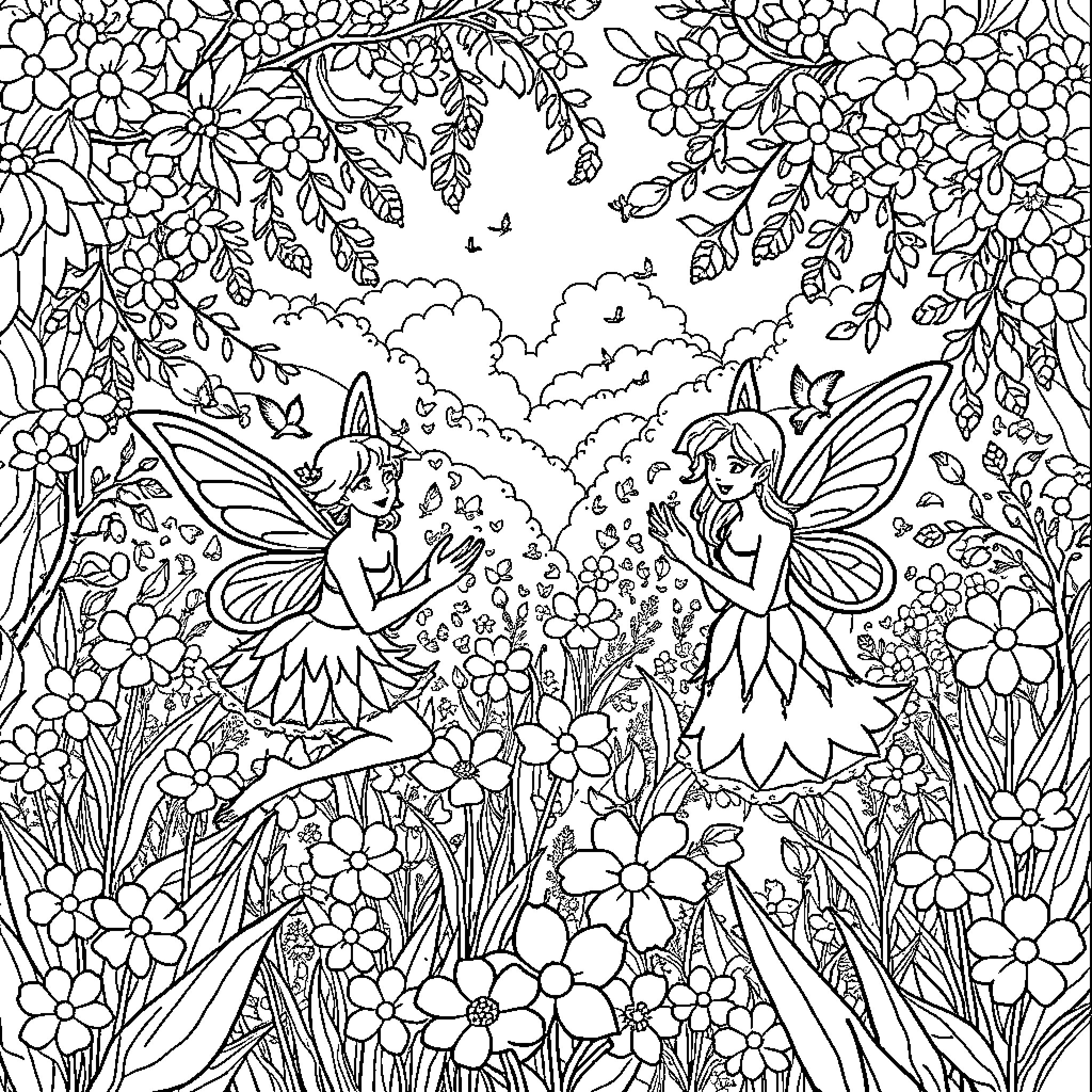 Fairy Enchantresses in Whimsical Floral Garden Coloring Page (free black-and-white line drawing printable PDF for all, from beginners to advanced learners, including children, teens, adults, and seniors)