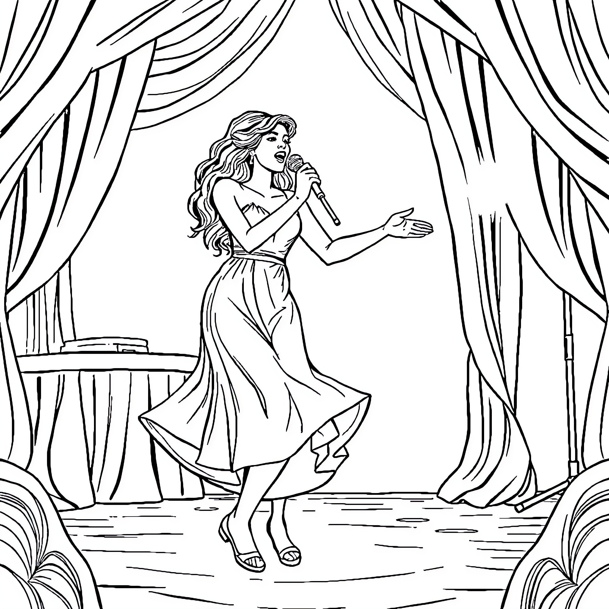 Vocal Artist Performing on Stage Coloring Page (free black-and-white line drawing printable PDF for all, from beginners to advanced learners, including children, teens, adults, and seniors)