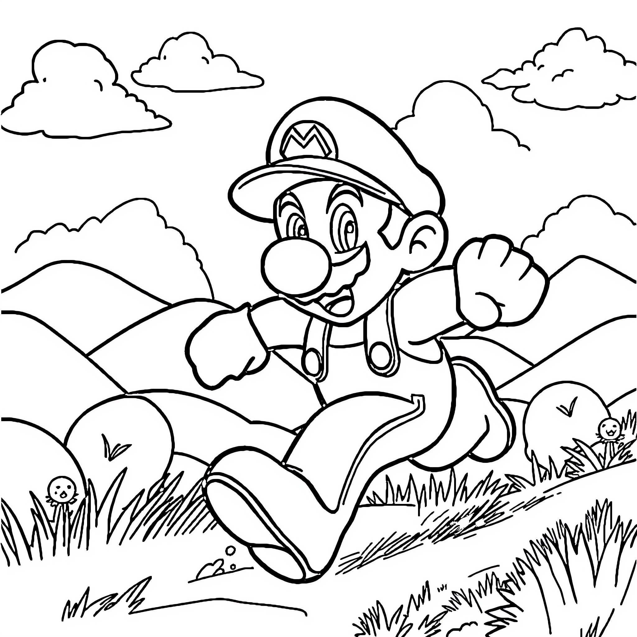 Super Mario Running Through a Grassy Landscape Coloring Page (free black-and-white line drawing printable PDF for all, from beginners to advanced learners, including children, teens, adults, and seniors)