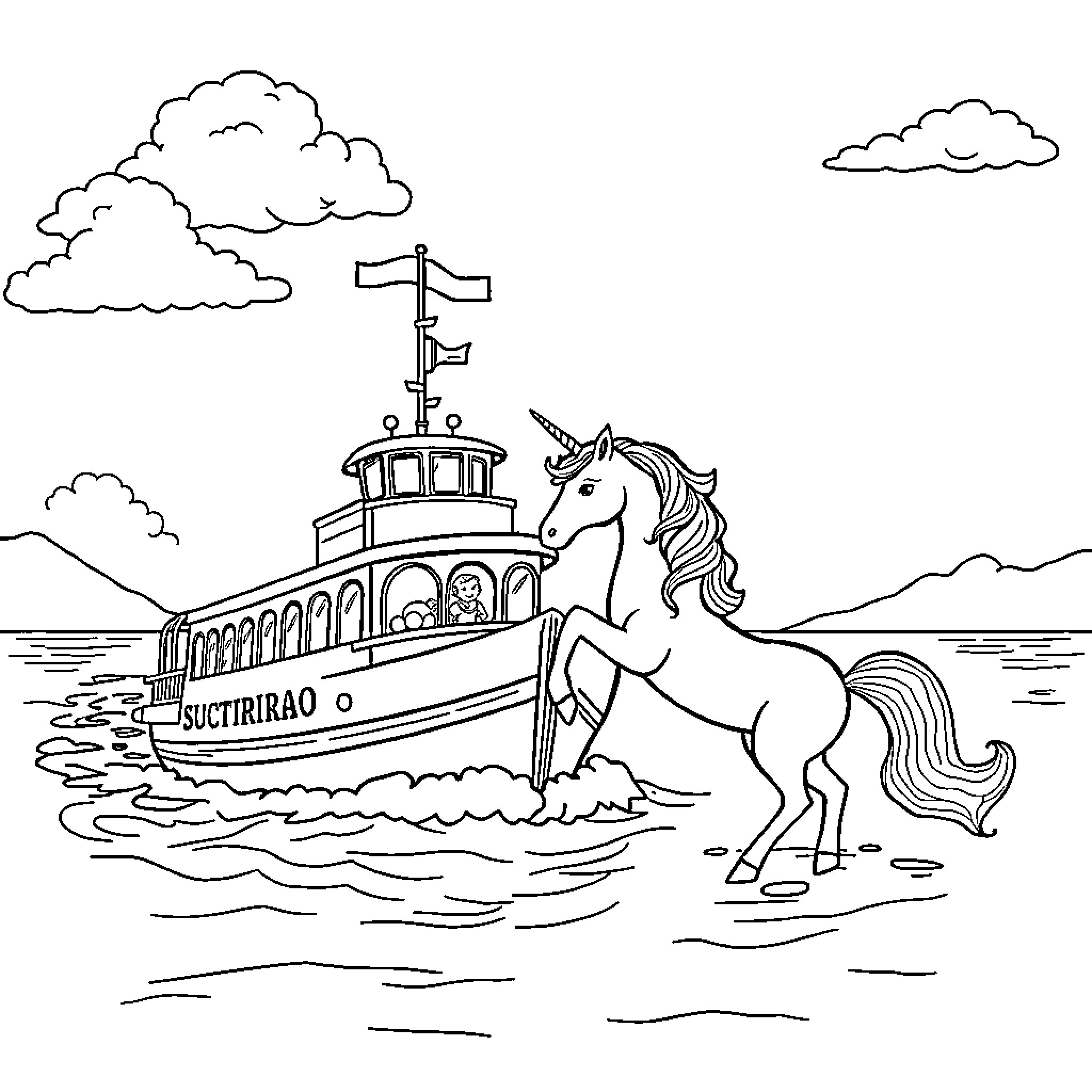 Ferry with Unicorn Wandering the Waves Coloring Page (free black-and-white line drawing printable PDF for all, from beginners to advanced learners, including children, teens, adults, and seniors)