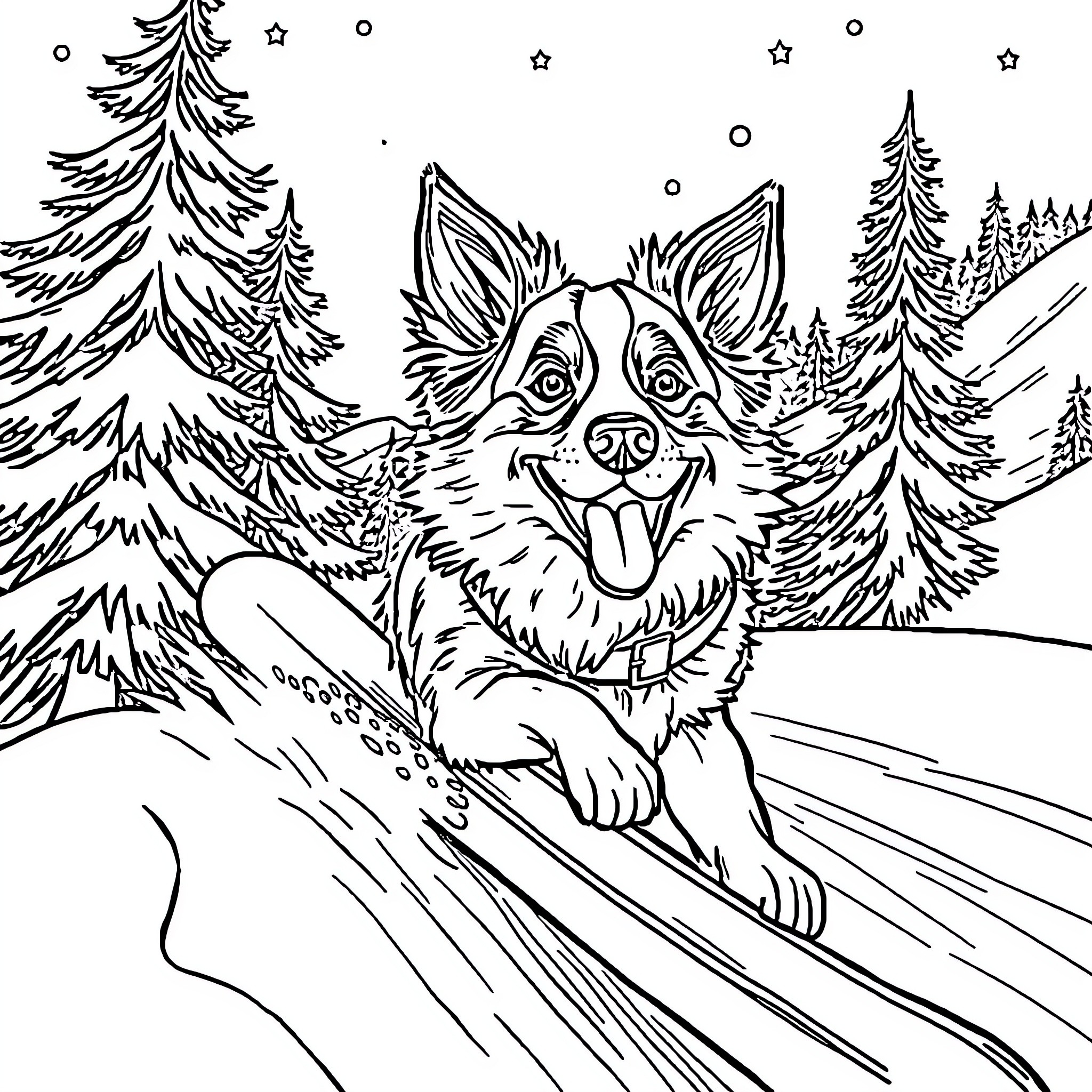 Australian Shepherd playing joyfully in snowy forest Coloring Page (free black-and-white line drawing printable PDF for all, from beginners to advanced learners, including children, teens, adults, and seniors)