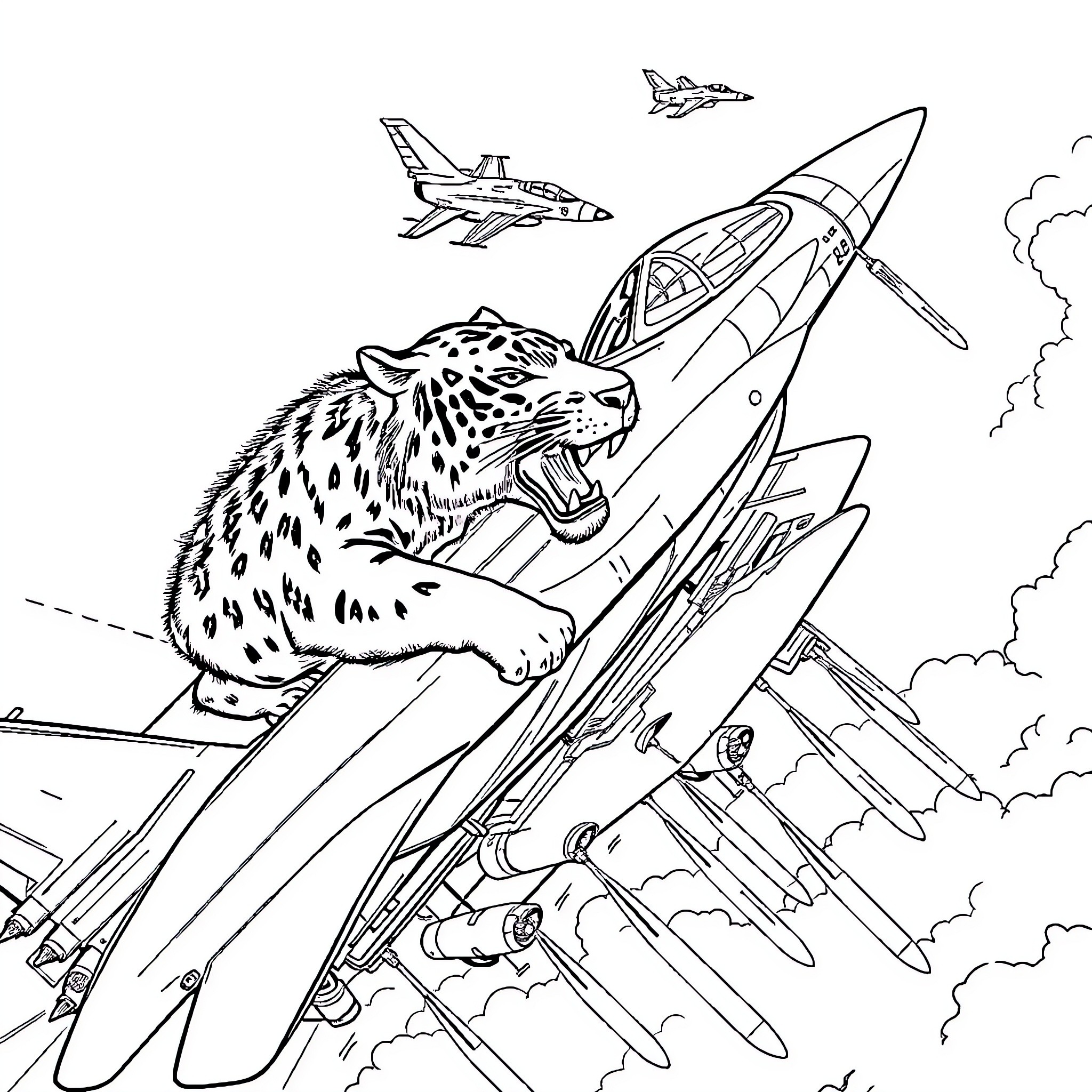 Tiger Pilots Fighter Jets in Aerial Acrobatics Coloring Page (free black-and-white line drawing printable PDF for all, from beginners to advanced learners, including children, teens, adults, and seniors)