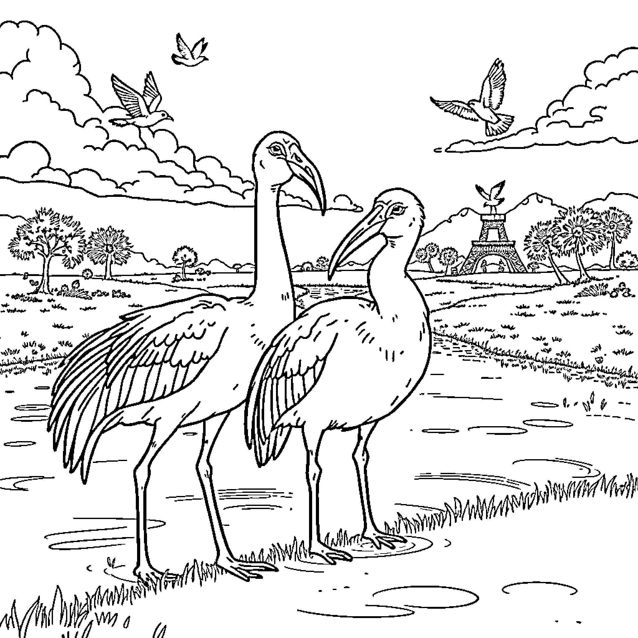 Capybara strolling through a scenic landscape Coloring Page (free black-and-white line drawing printable PDF for all, from beginners to advanced learners, including children, teens, adults, and seniors)