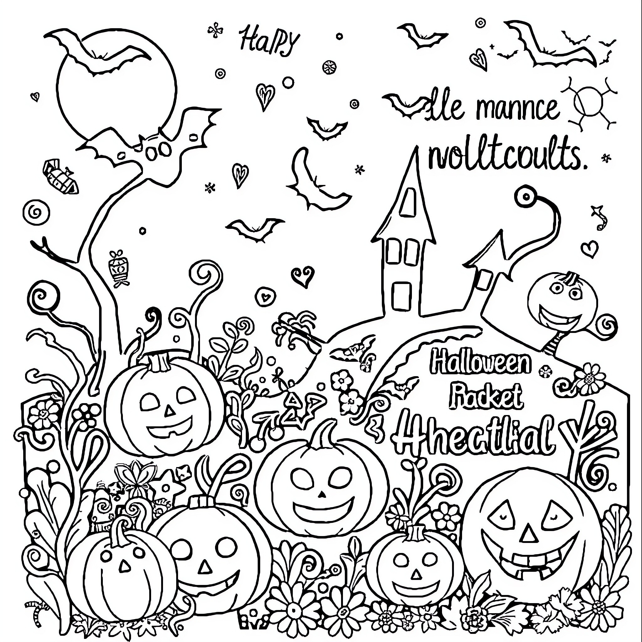 Halloween Doodle of Pumpkins, Bats, and Spooky Scenes Coloring Page (free black-and-white line drawing printable PDF for all, from beginners to advanced learners, including children, teens, adults, and seniors)