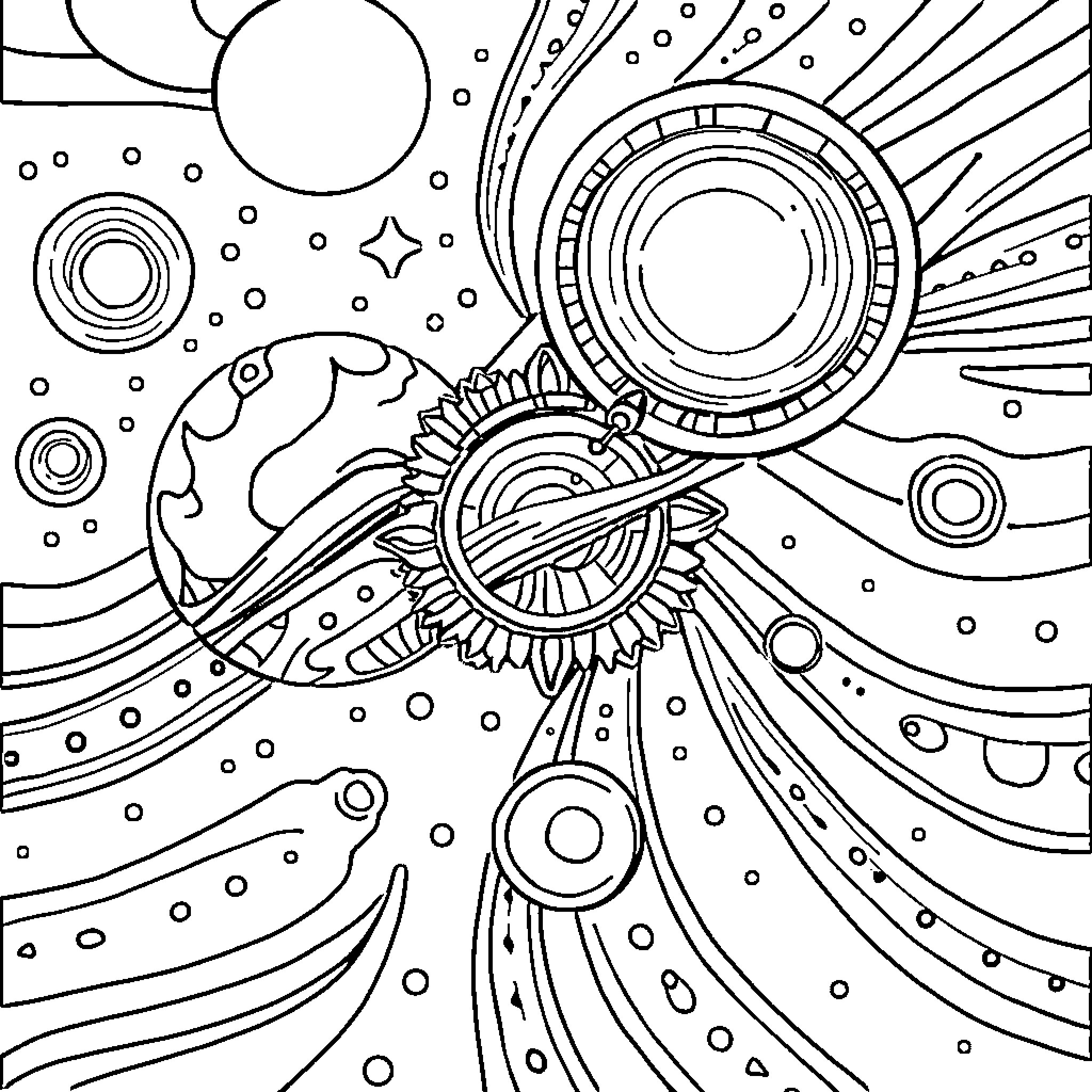 Tribal Design with Abstract Cosmic Elements Coloring Page (free black-and-white line drawing printable PDF for all, from beginners to advanced learners, including children, teens, adults, and seniors)