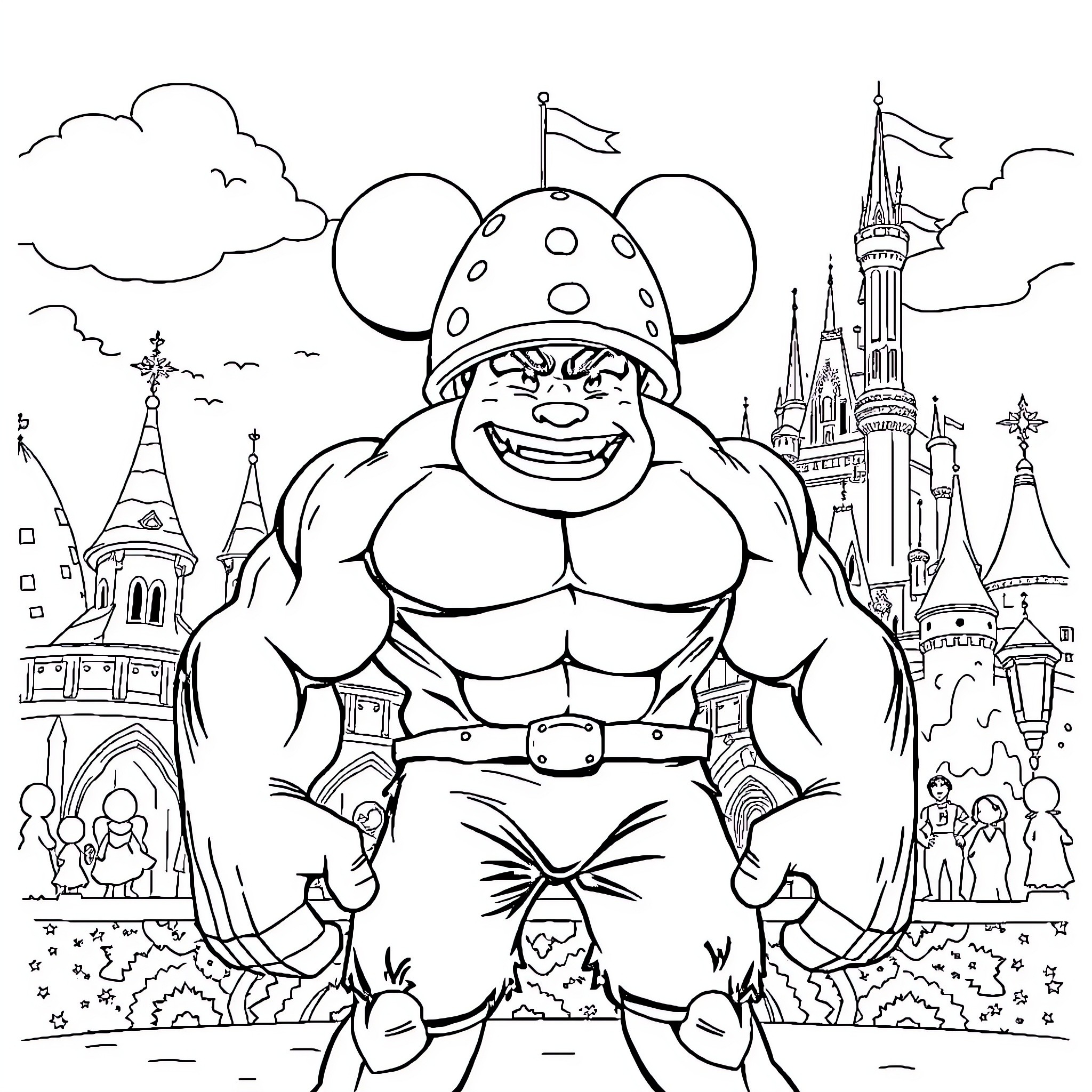 Hulk Embraces the Magic of Disney's Enchanting World Coloring Page (free black-and-white line drawing printable PDF for all, from beginners to advanced learners, including children, teens, adults, and seniors)