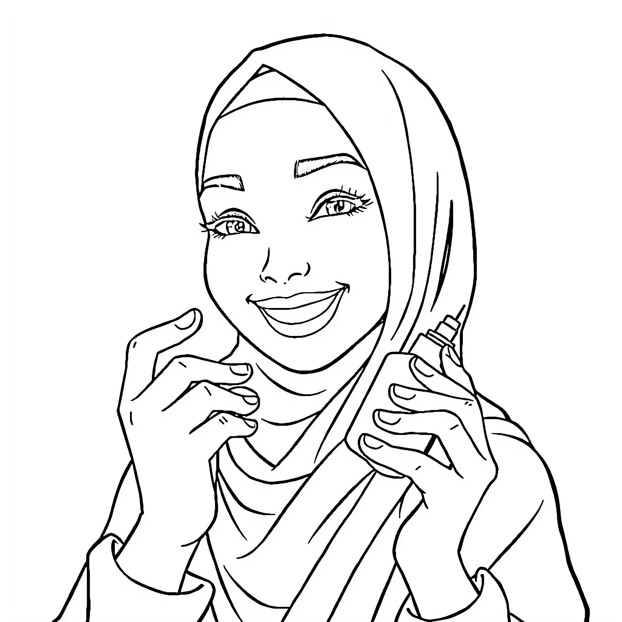 Hijabi Girl Smiling Joyfully Coloring Page (free black-and-white line drawing printable PDF for all, from beginners to advanced learners, including children, teens, adults, and seniors)