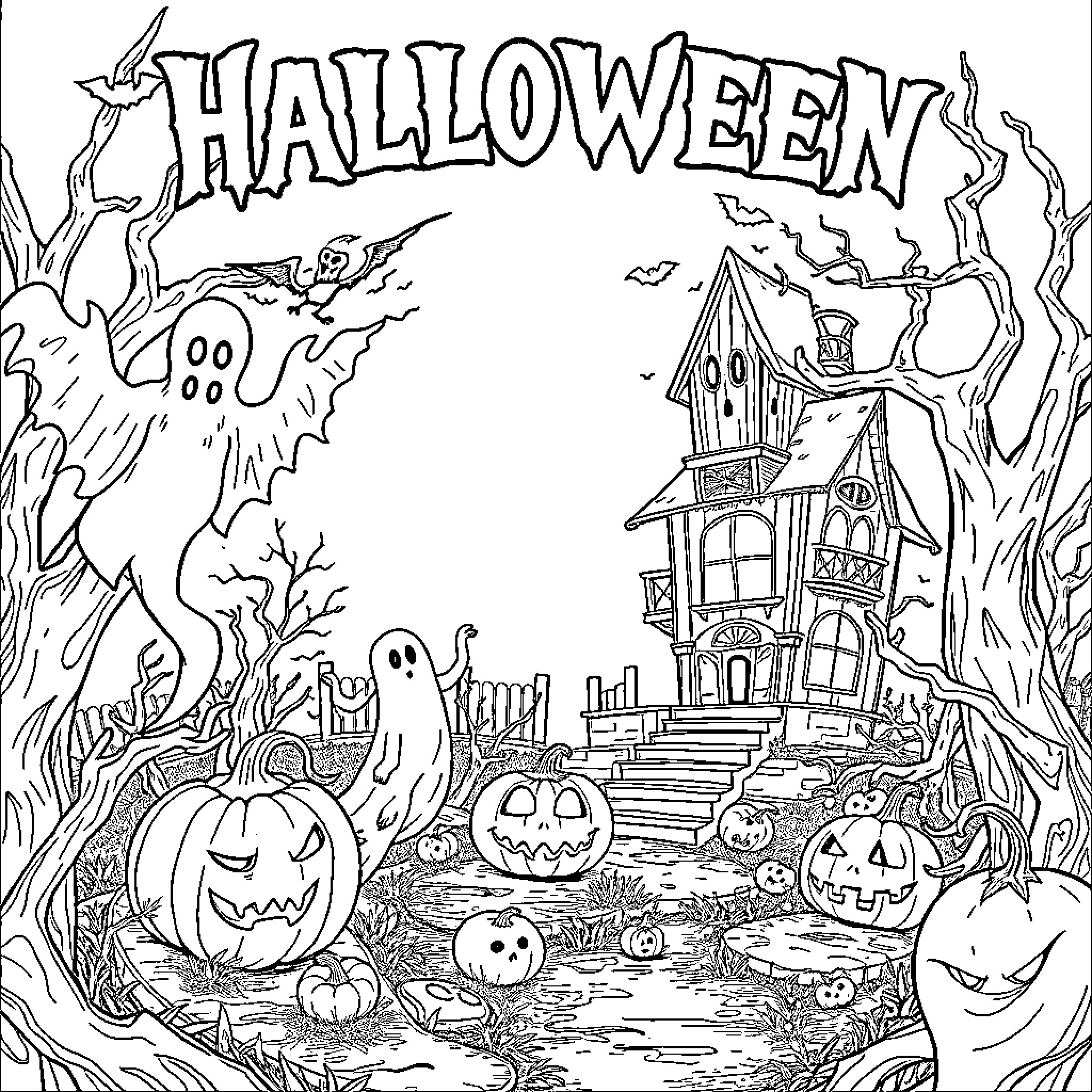 Book of Halloween Spooky Scenes and Festivities Coloring Page (free black-and-white line drawing printable PDF for all, from beginners to advanced learners, including children, teens, adults, and seniors)