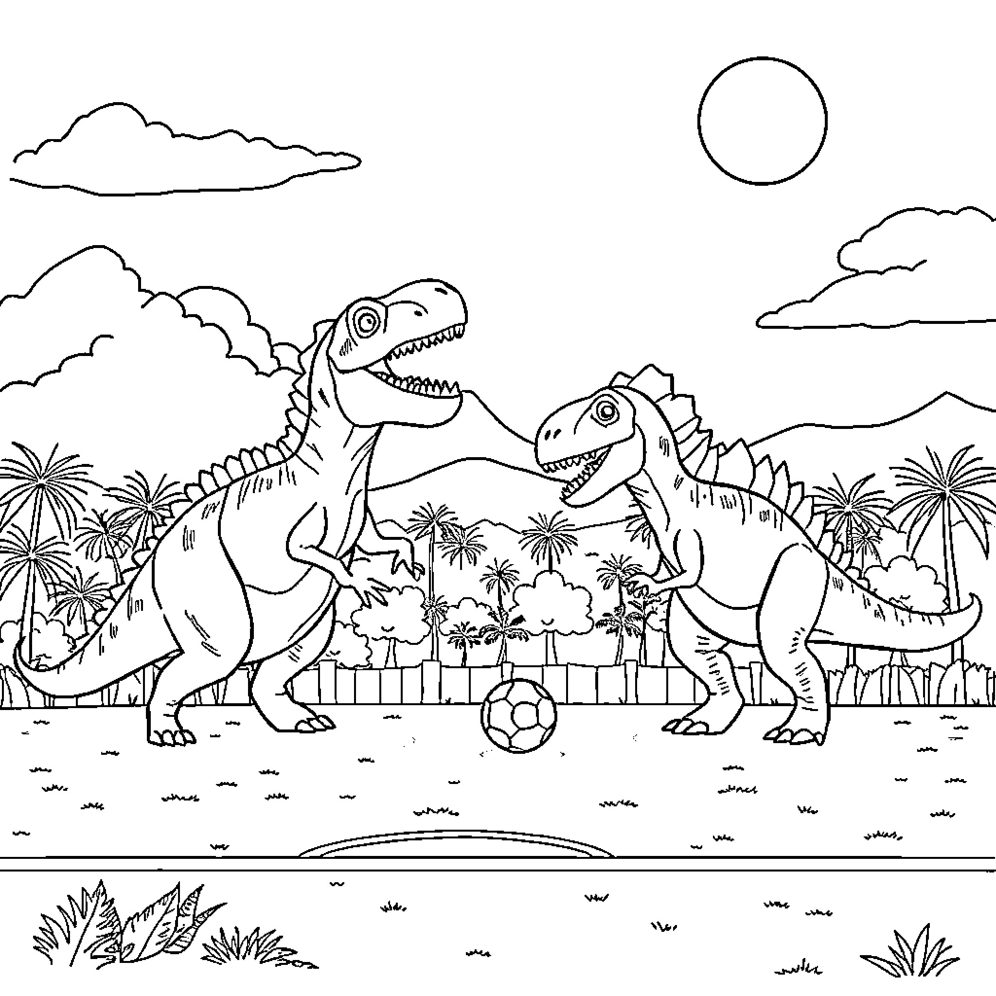 Dinosaurs playing with a soccer ball in a tropical landscape Coloring Page (free black-and-white line drawing printable PDF for all, from beginners to advanced learners, including children, teens, adults, and seniors)