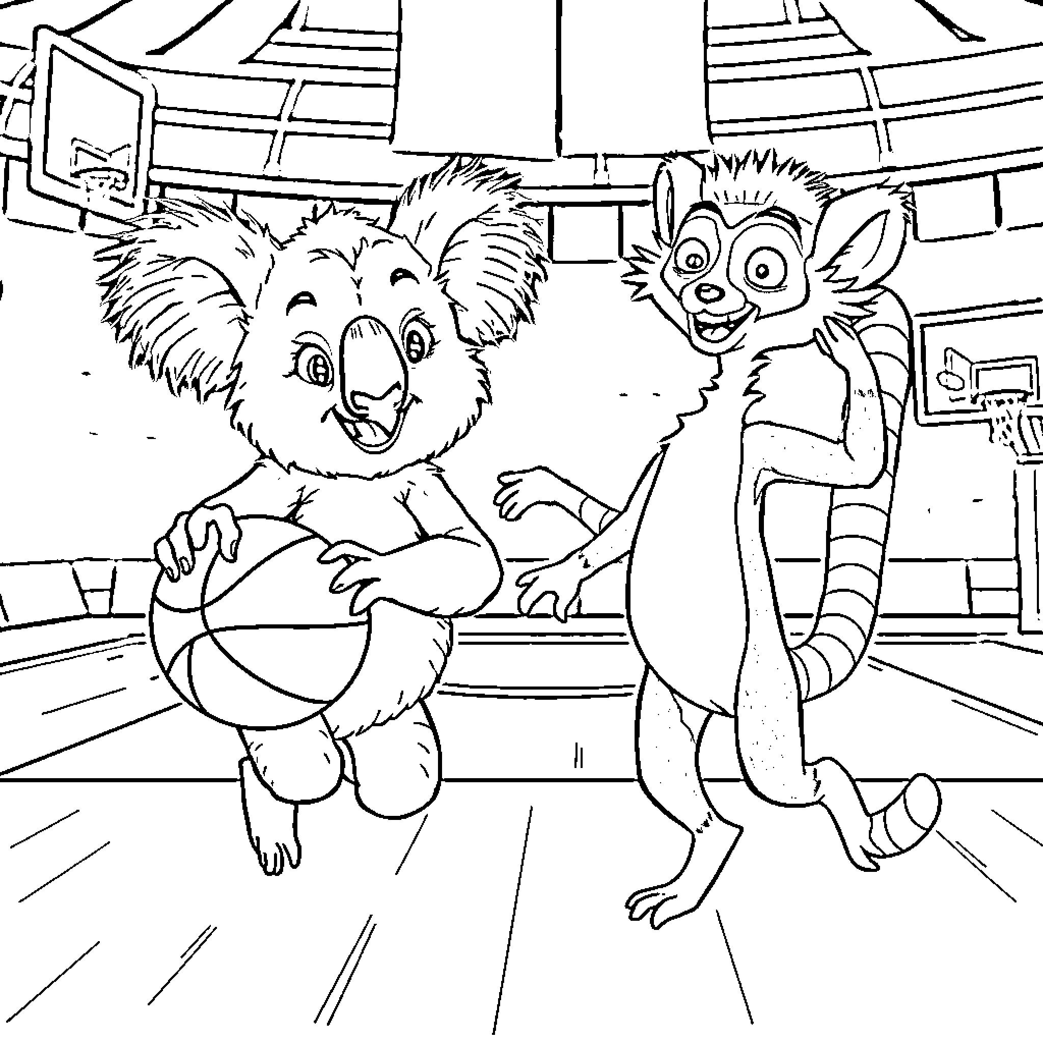 Koala and Lemur Playing Basketball in Court Coloring Page (free black-and-white line drawing printable PDF for all, from beginners to advanced learners, including children, teens, adults, and seniors)